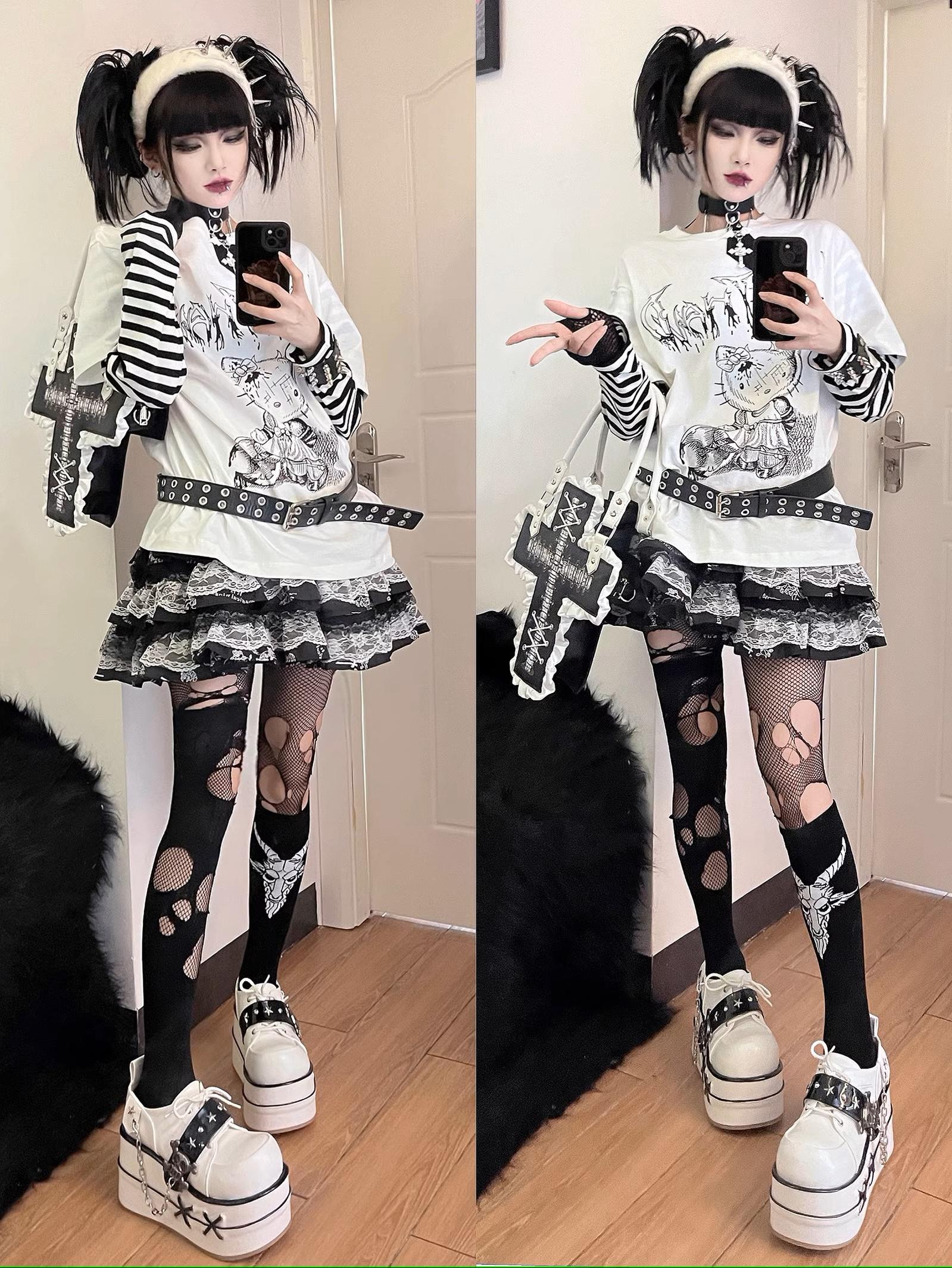 Dual mirror selfie split view of white jirai kei false two-piece long sleeve punk tee with black-white striped sleeves, paired with ripped fishnet tights alternative outfit