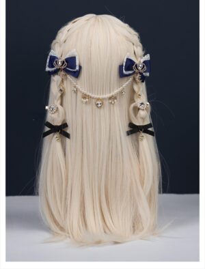 Navy blue Jirai Kei bow hair clips back view on blonde mannequin with heart-shaped rhinestones and pearl rhinestone forehead chain