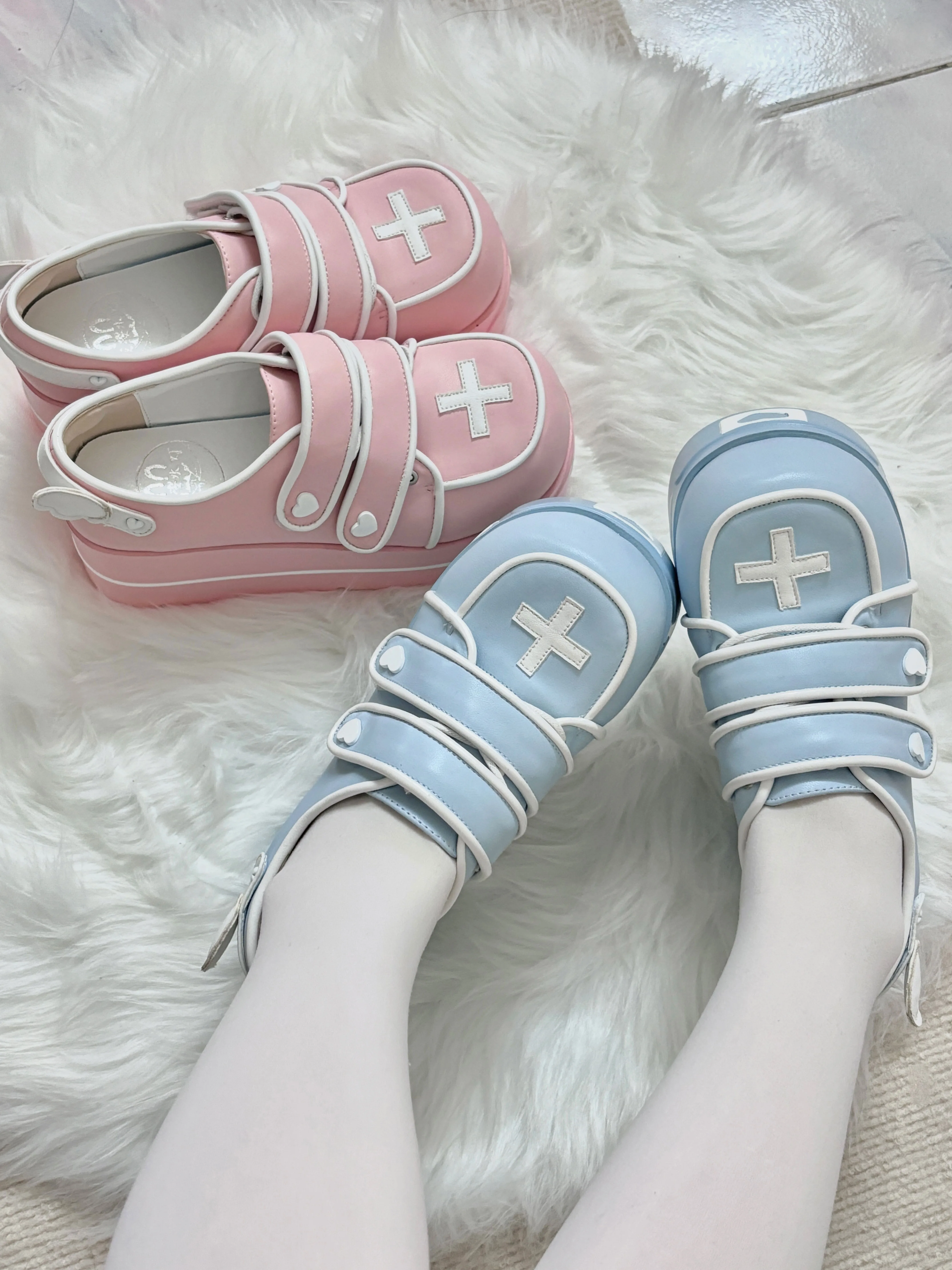 Angel heart platform shoes lifestyle shot worn by model ground view Jirai Kei fashion statement piece