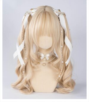 Jirai Kei white ribbon bow hair clips with pearl chain accents and heart rhinestone detail worn with white bow choker on mannequin head display