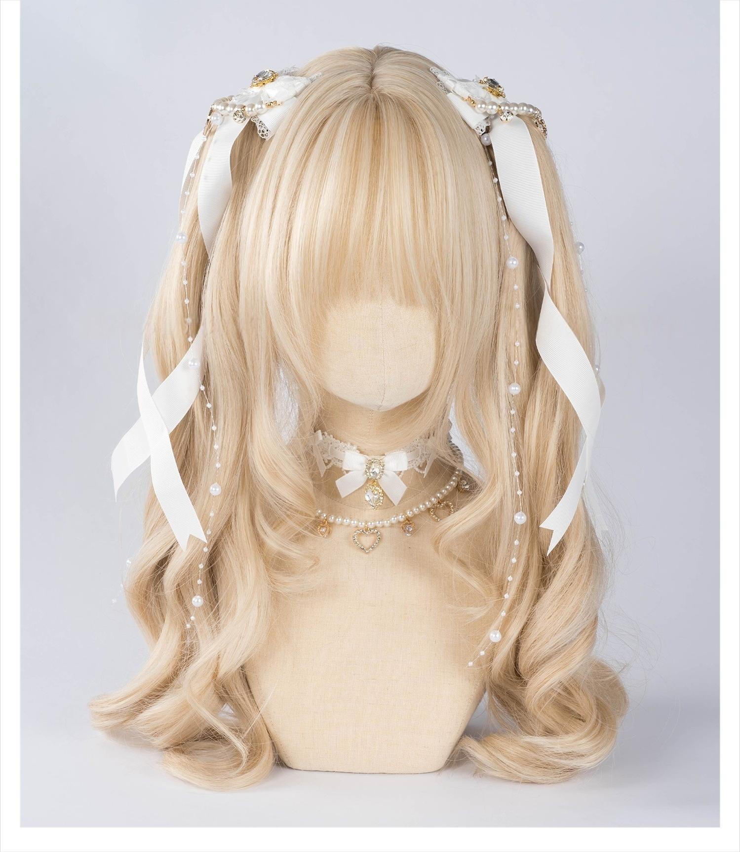 Jirai Kei white ribbon bow hair clips with pearl chain accents and heart rhinestone detail worn with white bow choker on mannequin head display