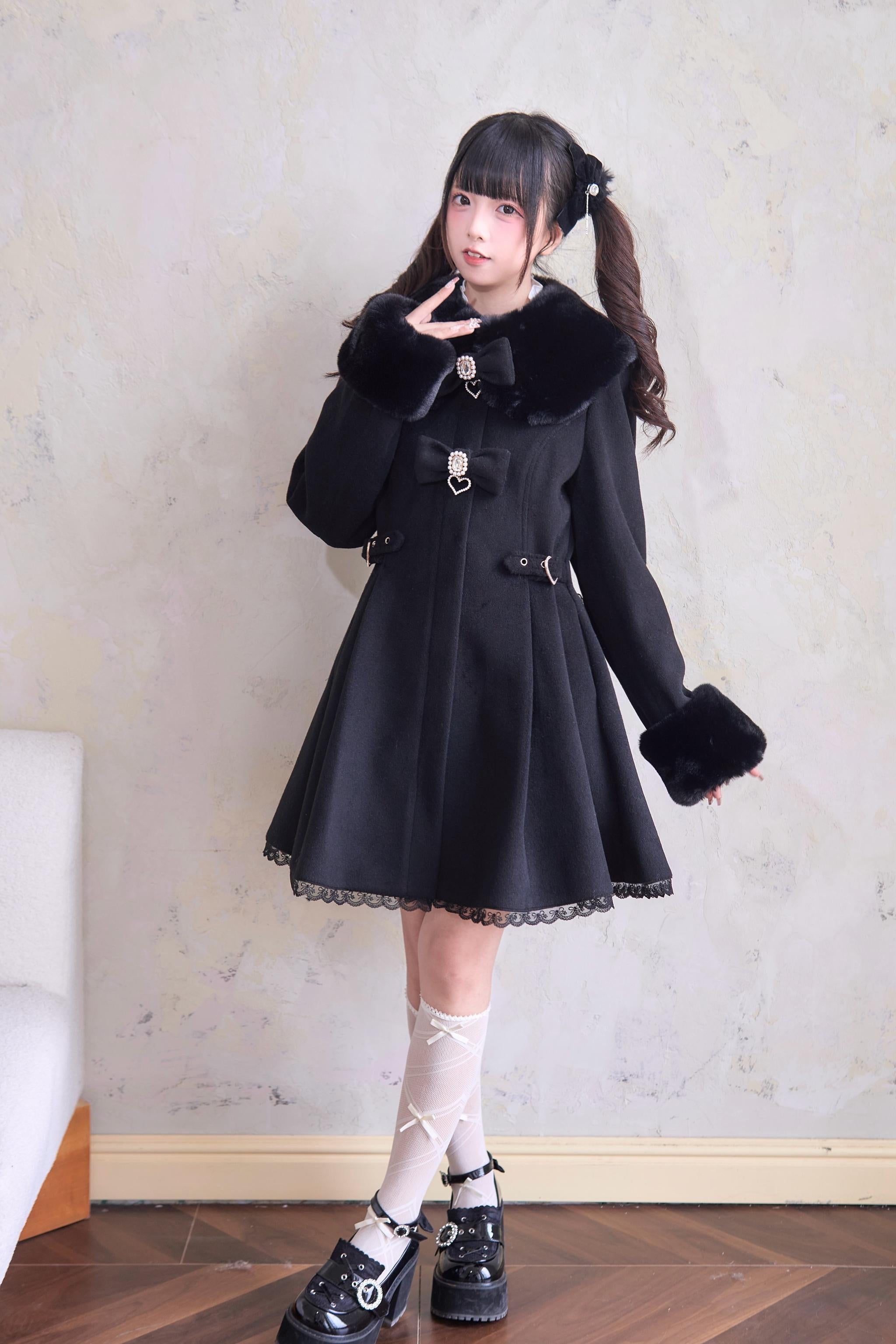 Jirai Kei Winter Coat Lace Hem Detail with Pearl Bow Accents - Lace Frill Trim Close-Up Photography