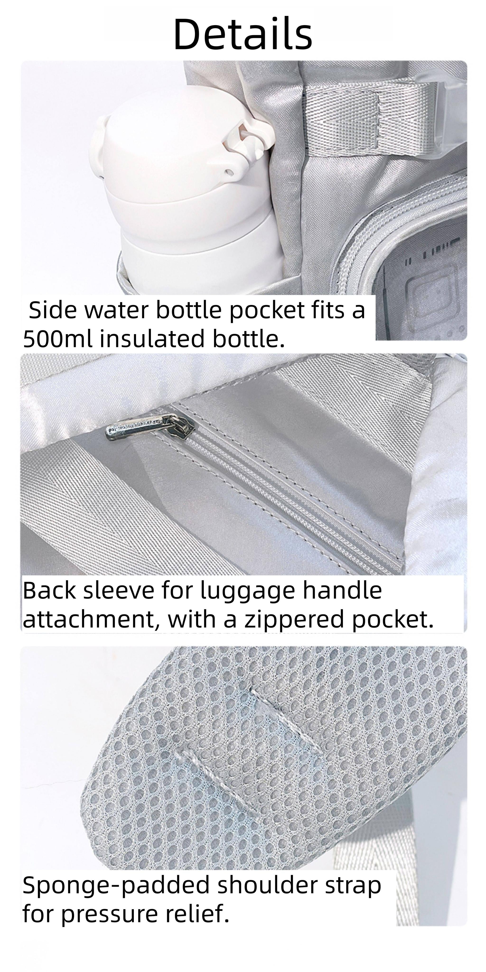 Jirai Kei ita backpack structural details close-up showing water bottle pocket luggage sleeve and padded shock-absorbing shoulder straps