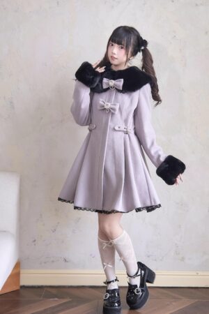 Violet Landmine Lace Winter Coat with Black Fur Collar and Pearl Bows - Jirai Kei Full Body Front View Twin-Tail Model