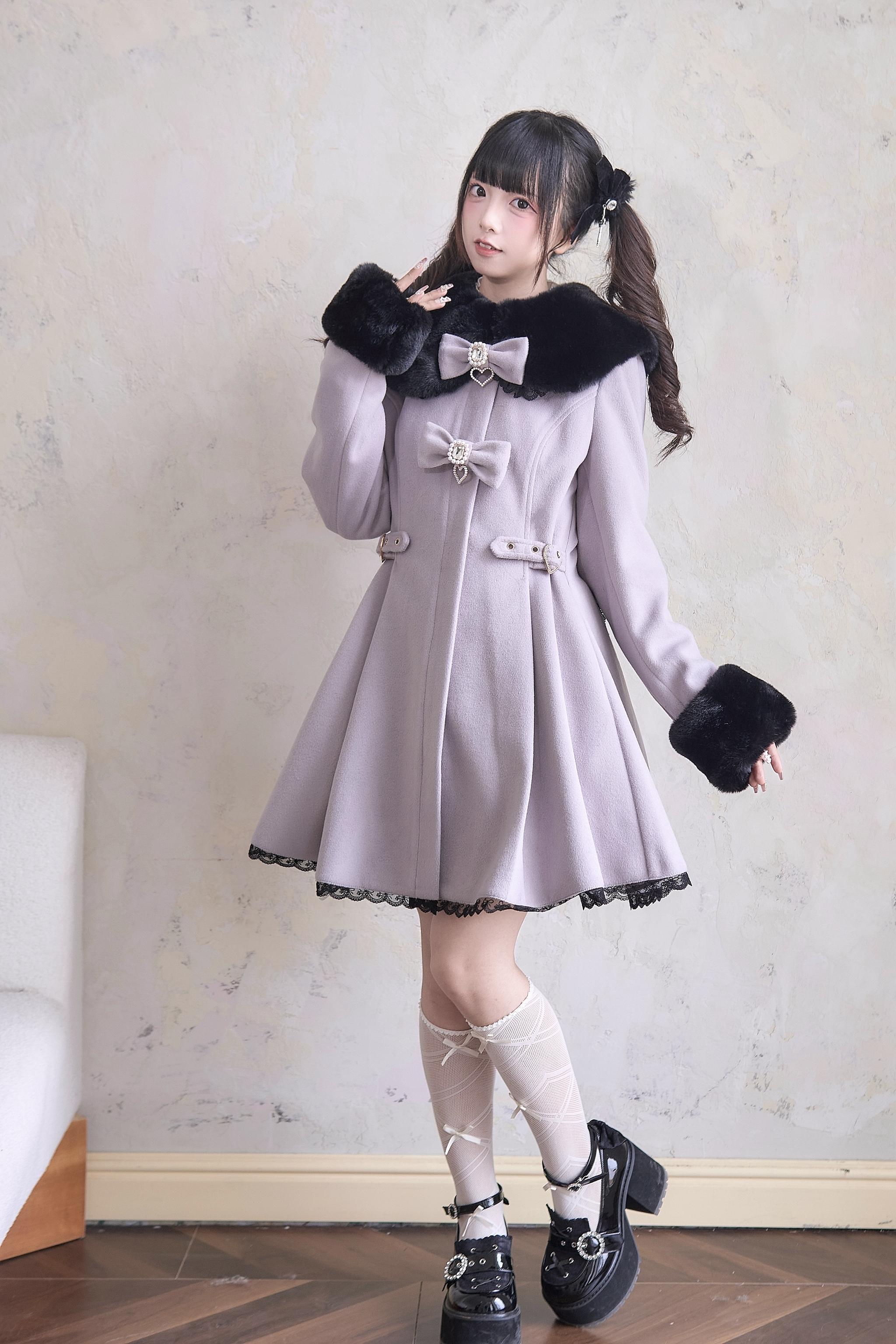 Violet Landmine Lace Winter Coat with Black Fur Collar and Pearl Bows - Jirai Kei Full Body Front View Twin-Tail Model