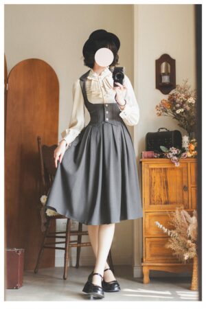 Classic Lolita corset dress full front view with two-tone matching set beige ruffled blouse and black shoes