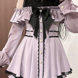 Light purple off-shoulder Jirai Kei lace dress set with black lace trim, removable bows, and pearl button details, front close-up view