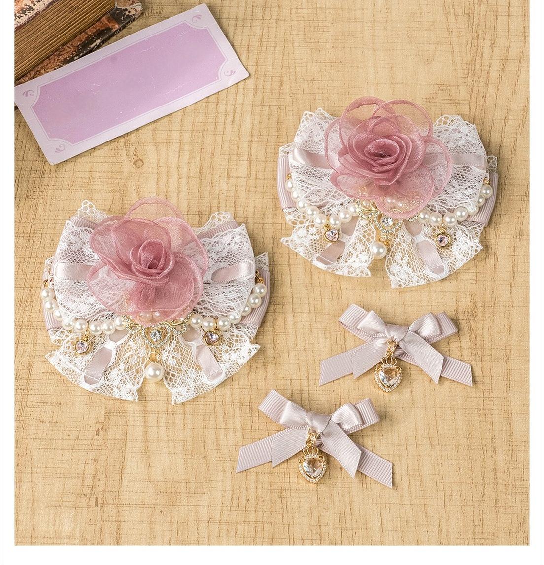 Pink rose hair clip detailed product view with pink organza rose white lace and pearl chain accents