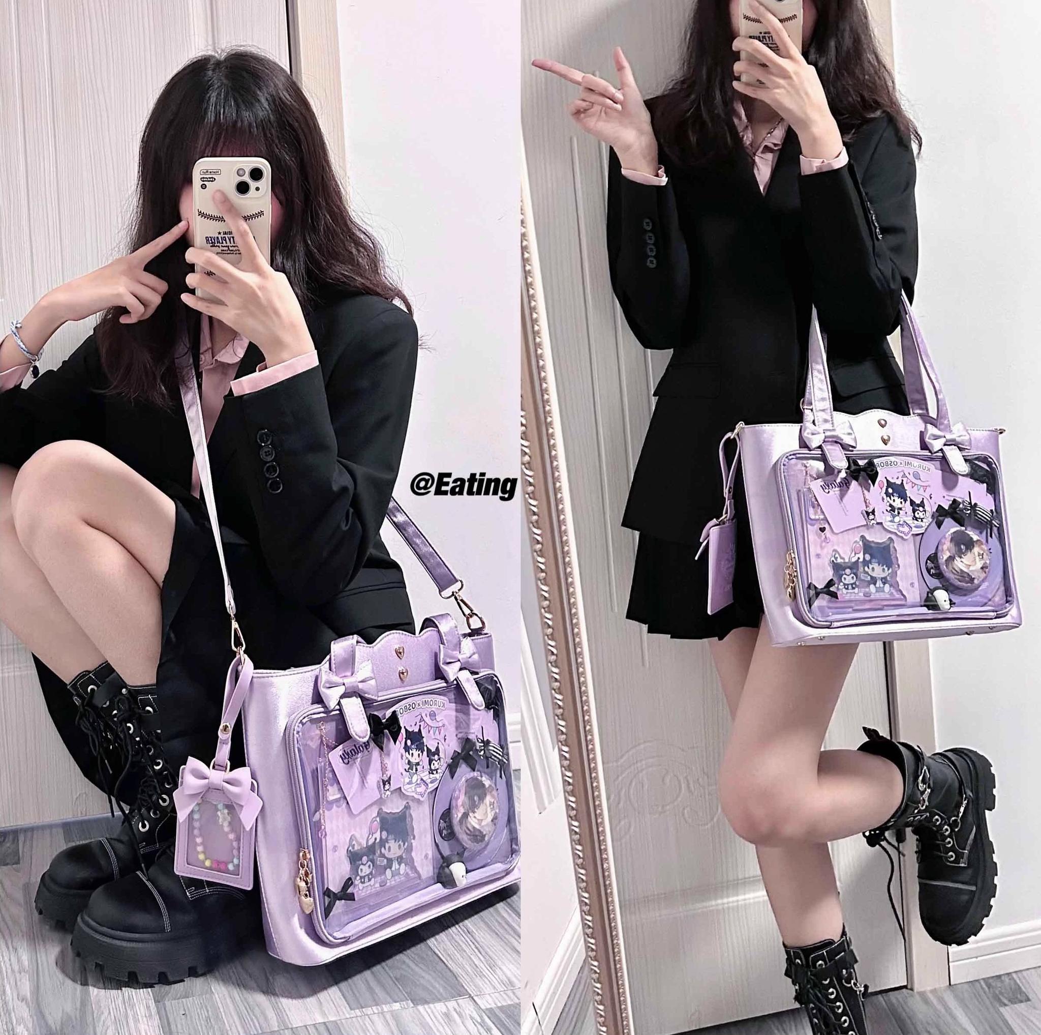 Large light purple Jirai Kei ita bag shown in multiple mirror selfie angles with black formal outfit, featuring bow charm decorations, clear anime display panel, and dual carrying methods handhold crossbody