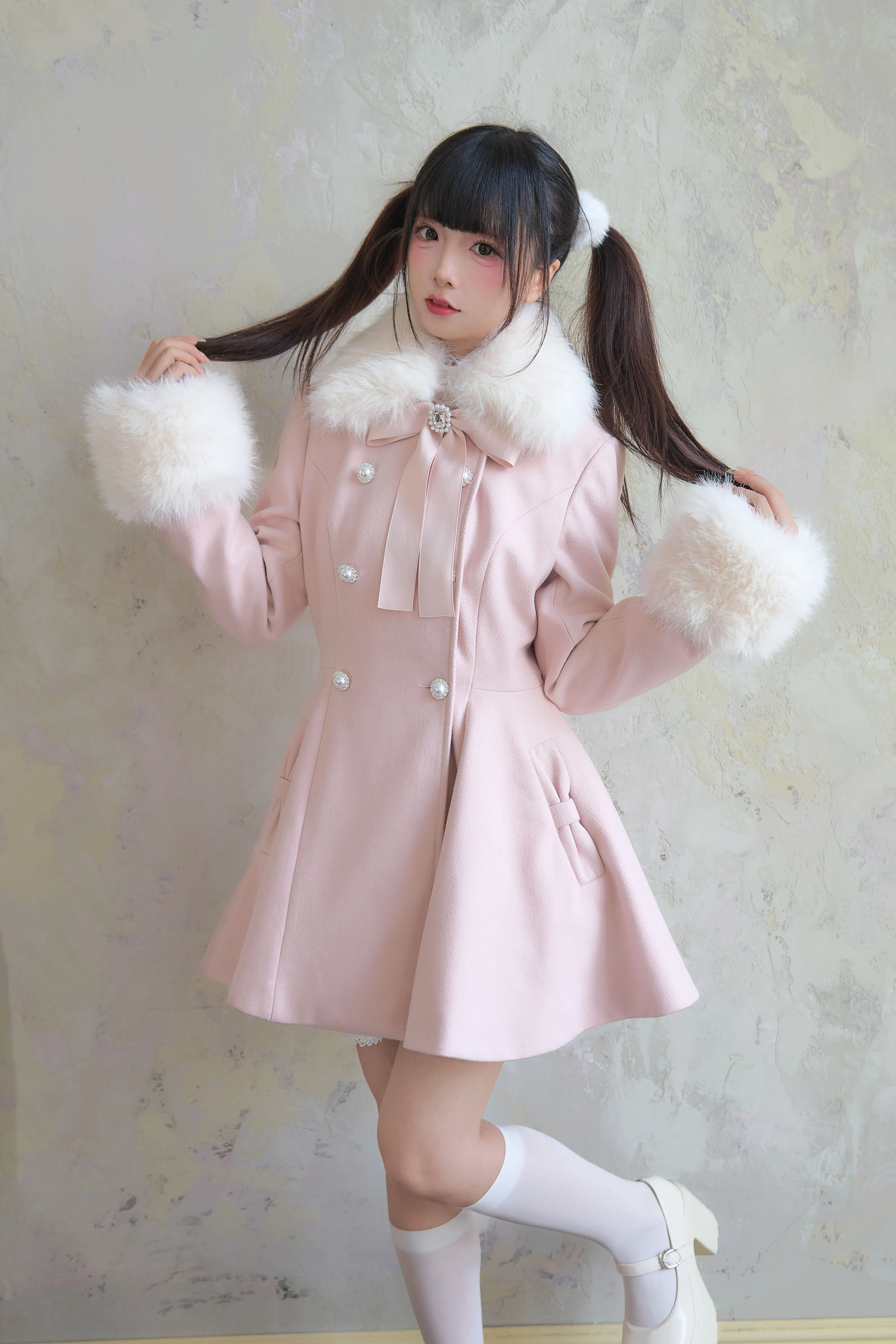 Multiple Jirai Kei winter coat styling inspirations and outfit combinations featuring various color options fashion accessories pairing ideas