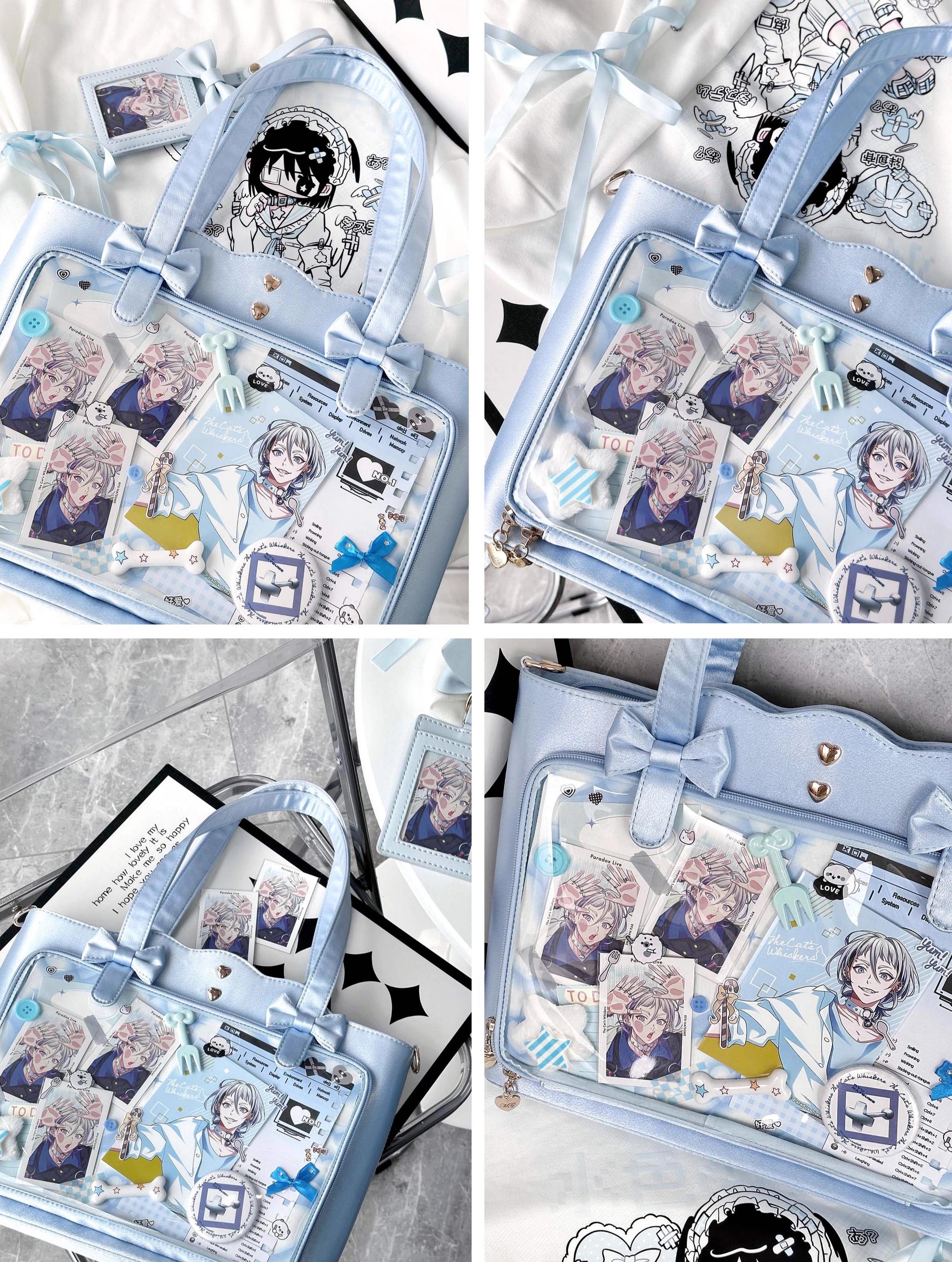 Jirai Kei ita bag flat lay product photography showing overall silhouette, color options, wavy edge design, and dimensional structure with scale reference for size understanding