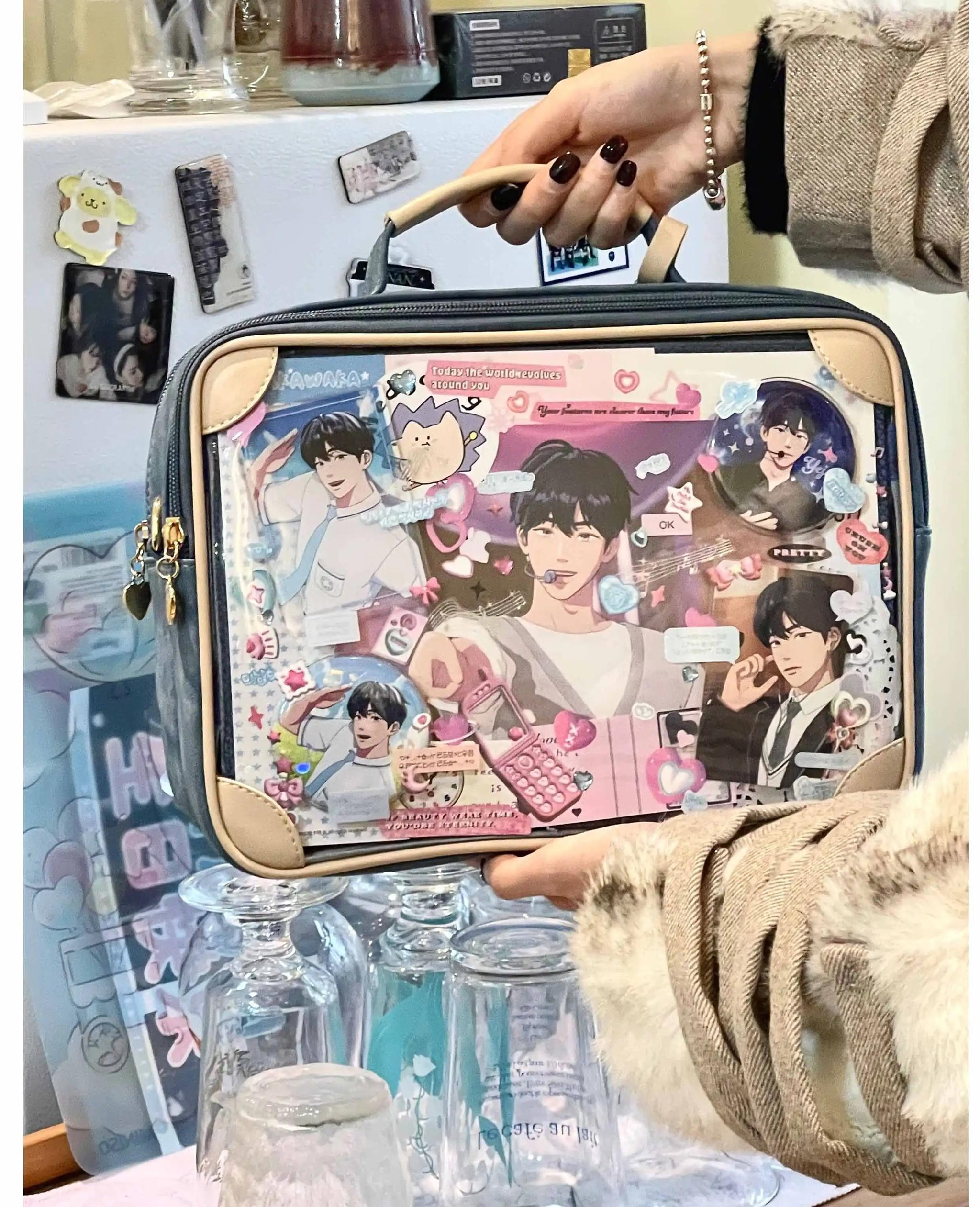 Pink white jirai kei vintage square itabag pastel color variant full product view transparent anime character display white leather trim