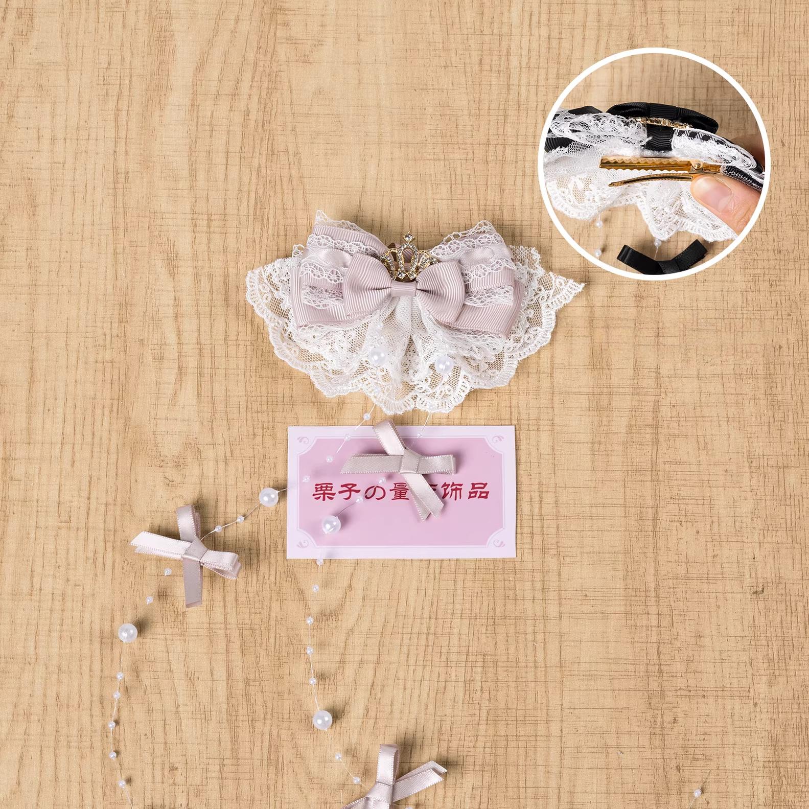 Dusty pink Jirai Kei hair clip featuring delicate lace bow, sparkling crown, and cascading pearl chains - right-opening style