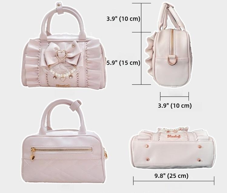 Jirai Kei handbag size specification chart with multiple bag angles and precise measurement marks showing dimensions and proportions