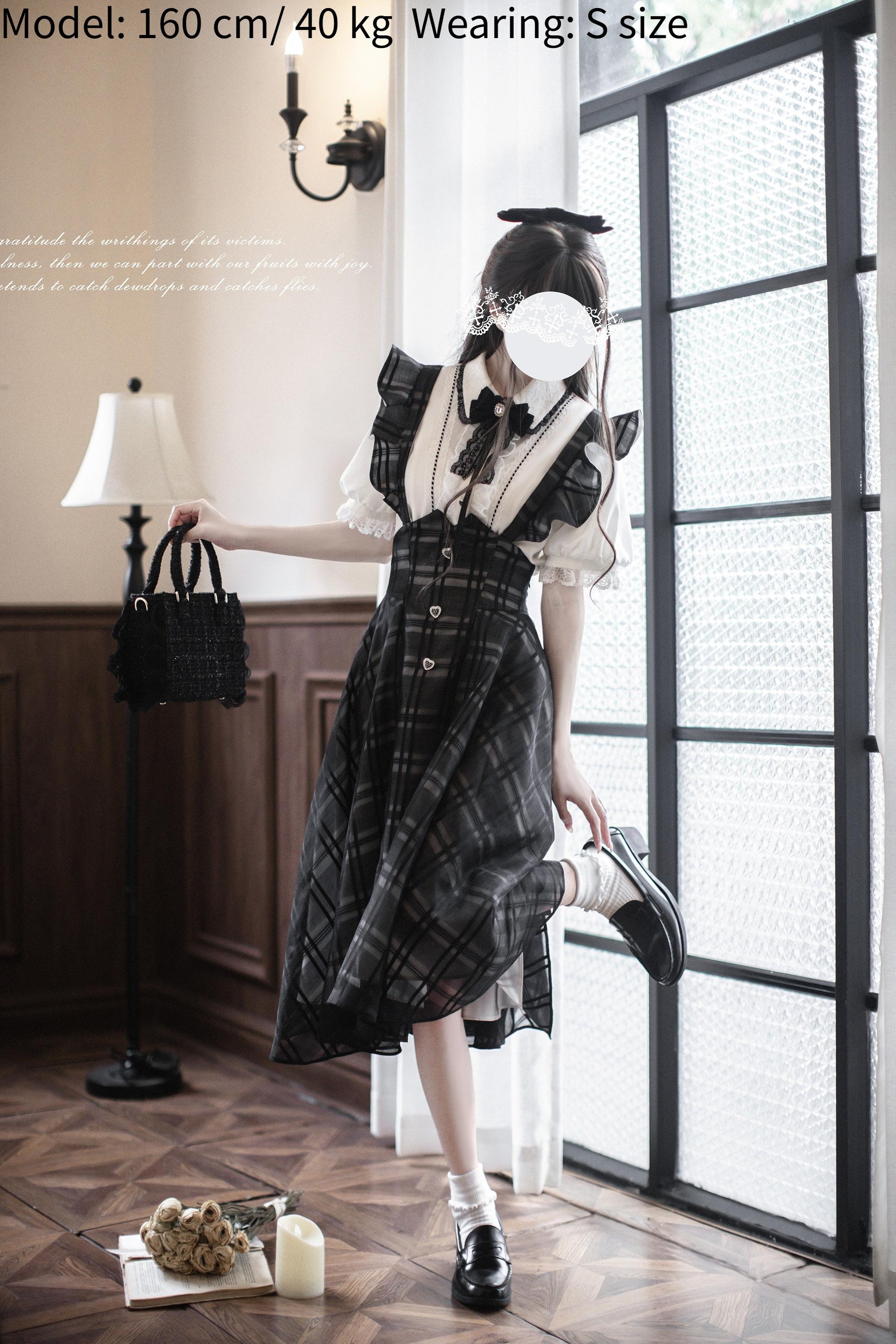 Black Plaid Jirai Kei Suspender Skirt, White Blouse - Image 4