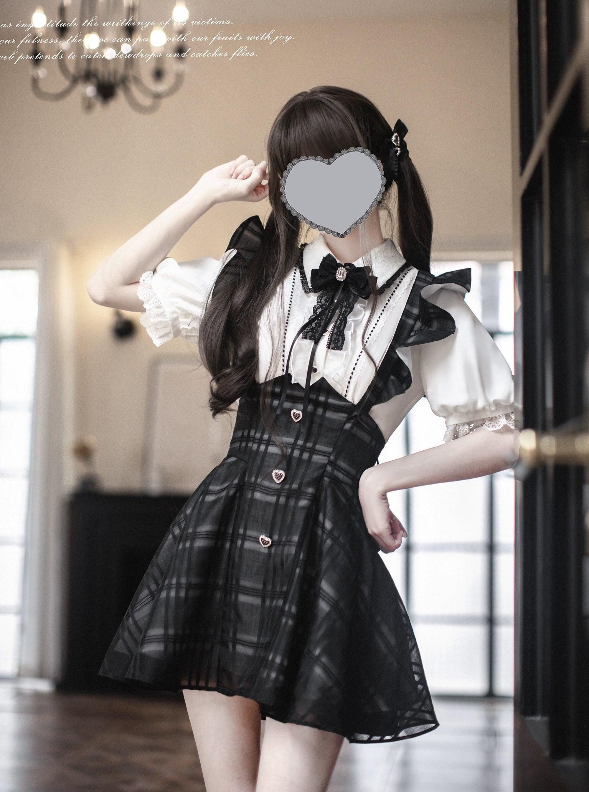 Black Plaid Jirai Kei Suspender Skirt, White Blouse