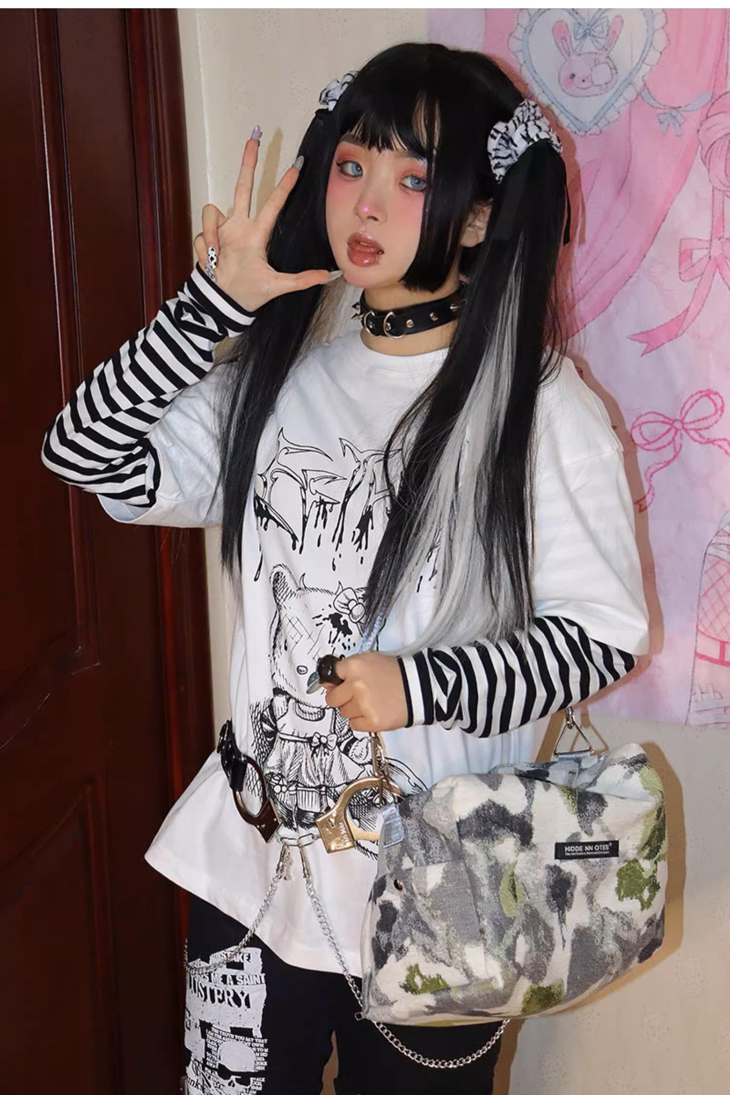 Alternative view of jirai kei anime character graphic false two-piece long sleeve tee striped design