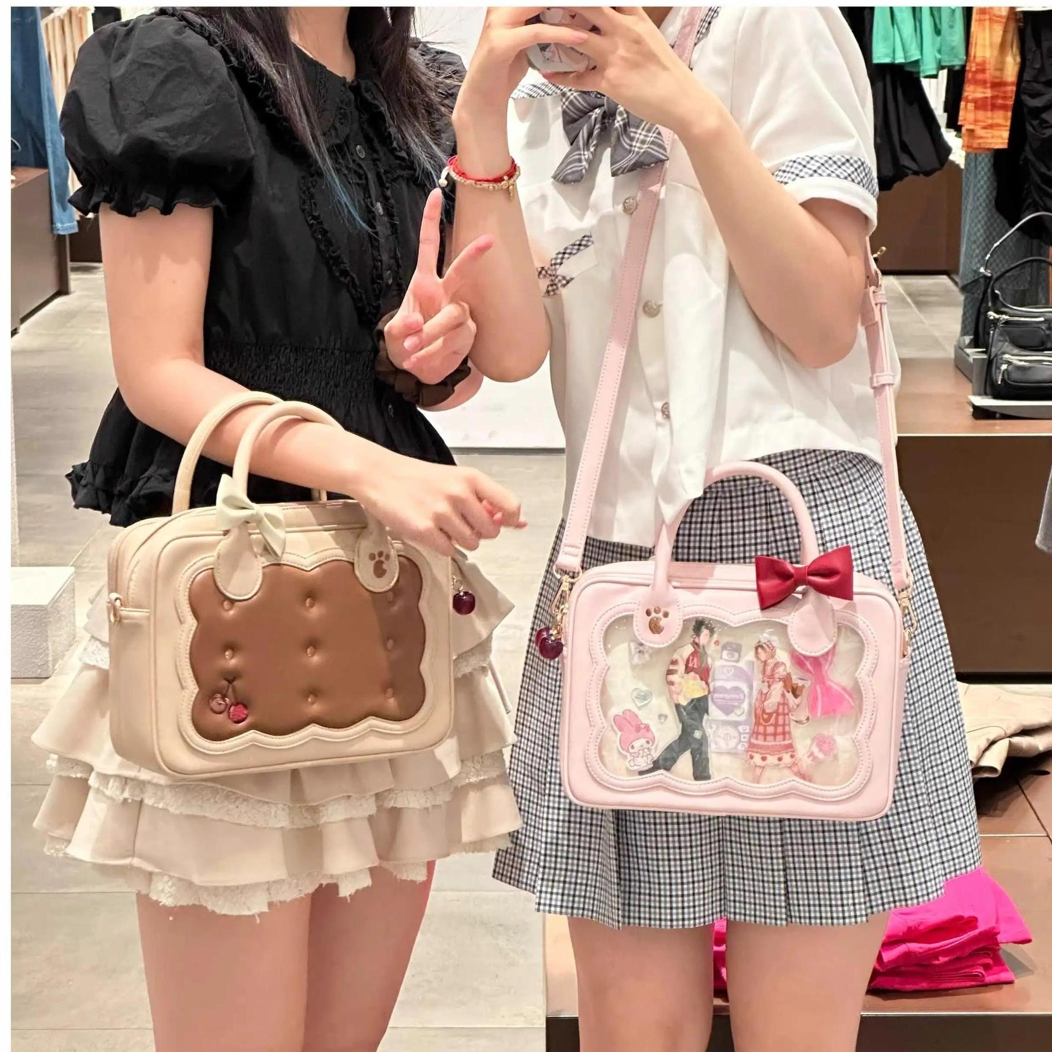 Jirai Kei cherry bear cookie crossbody bag material texture and PU leather quality detail close-up shot