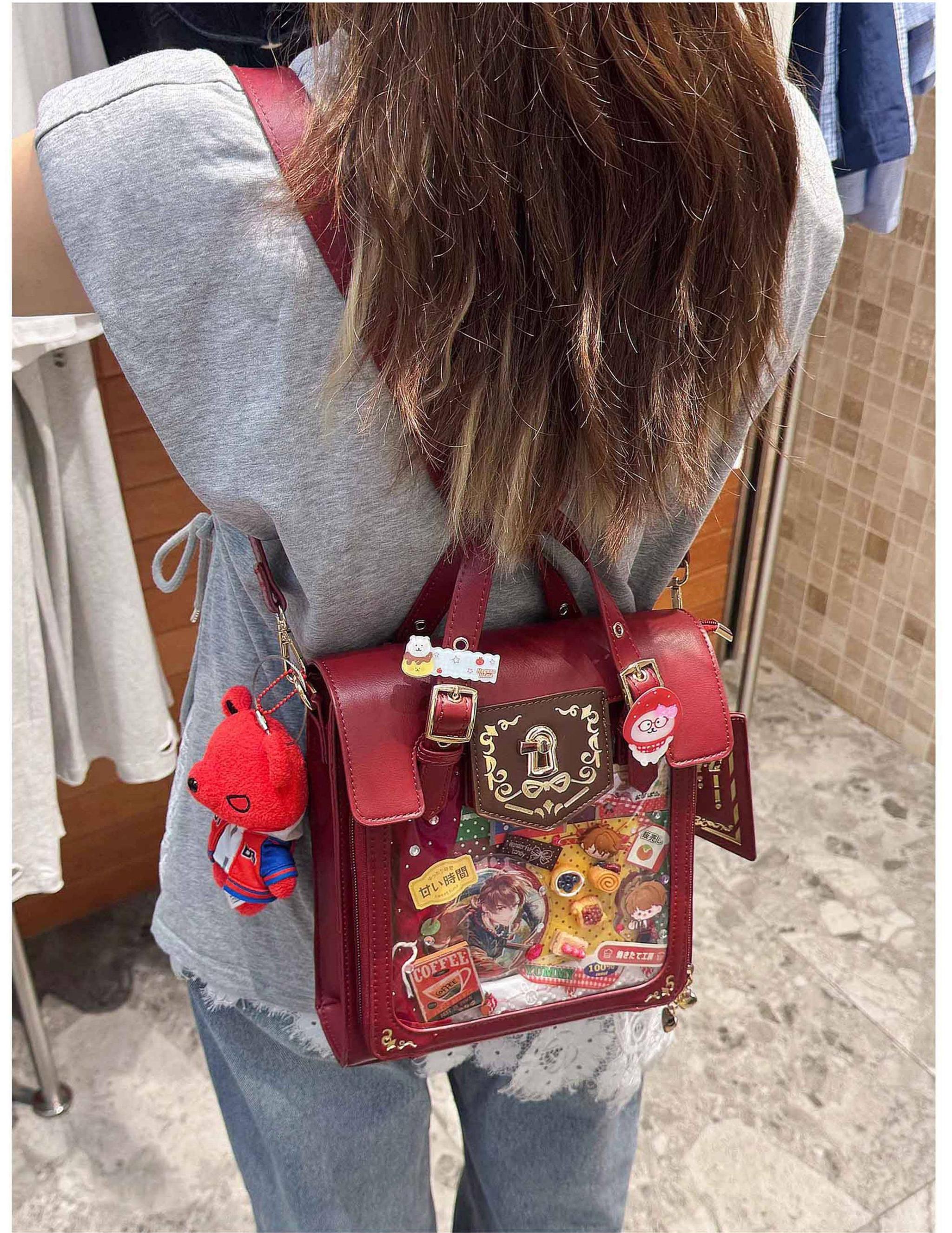 Vintage Jirai Kei ita bag size chart dimensions specifications showing 25cm height width thickness and 20cm clear window measurements with inch conversions