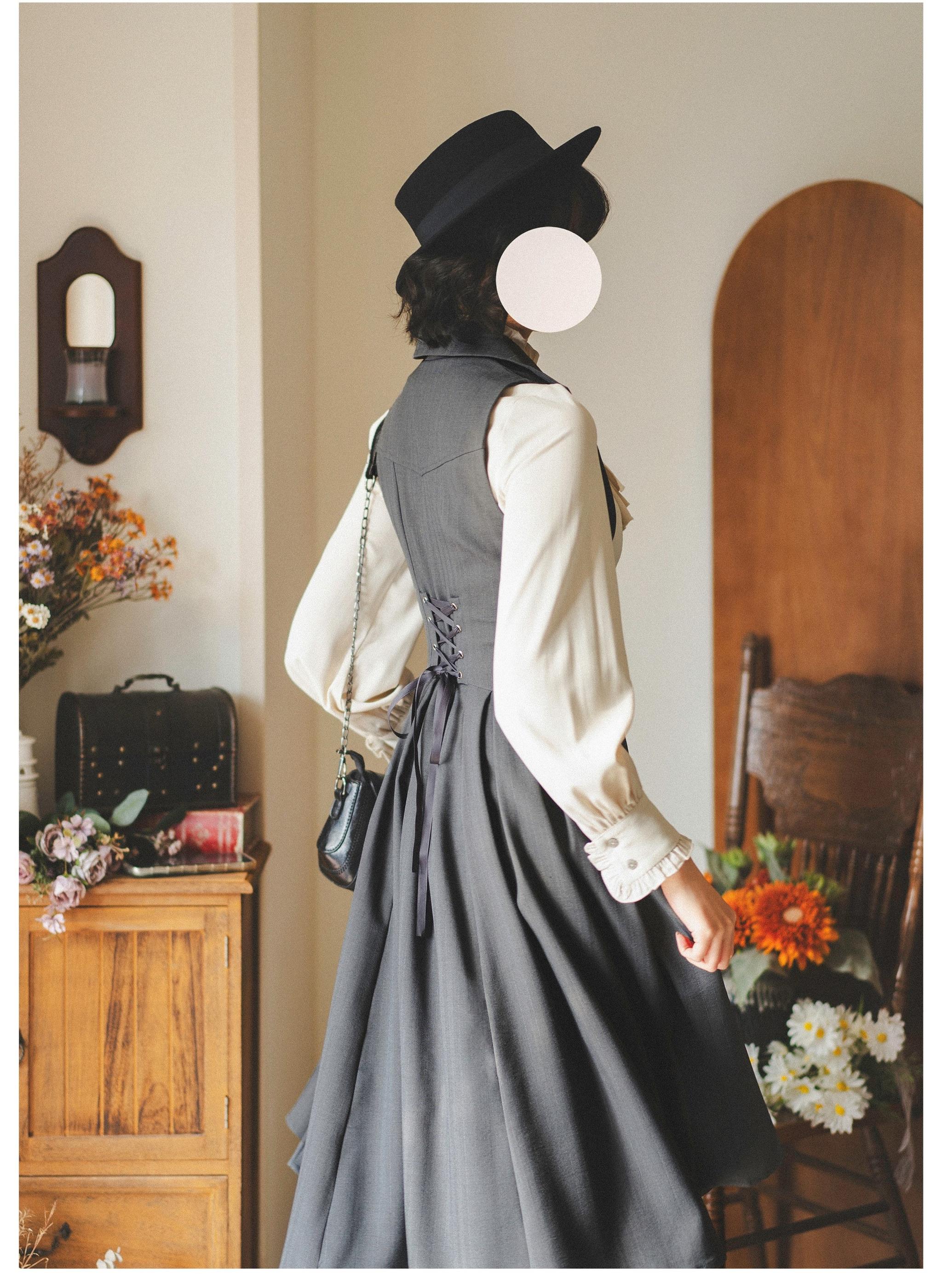 Vintage Lolita corset dress back three-quarter view lace-up back design dark grey white ruffled blouse