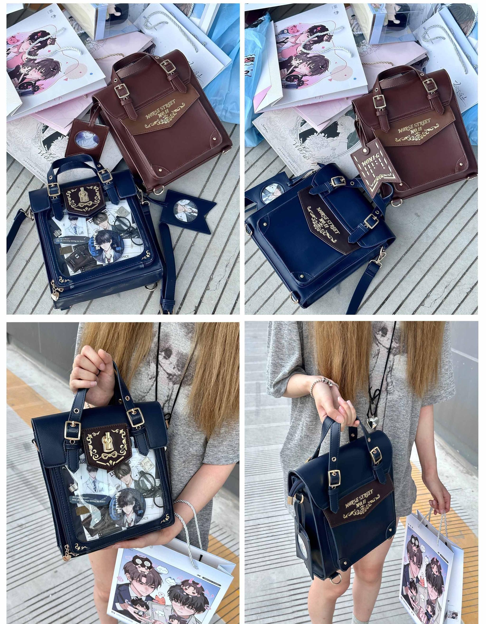 White vintage Jirai Kei ita bag with clear window filled with organized anime badge collection and premium pinning board accessory for display arrangement