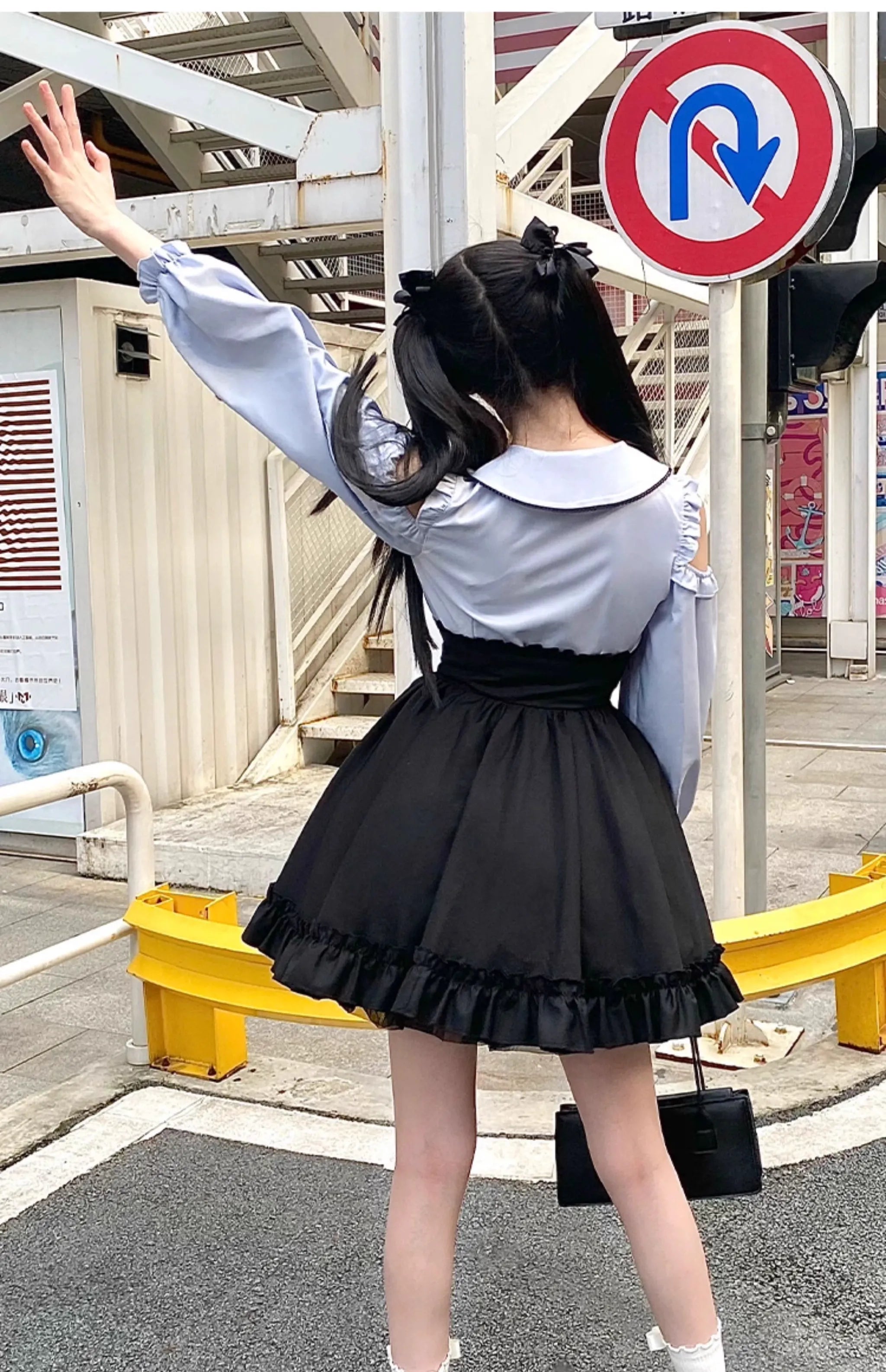 Styling inspiration and coordinate ideas for Jirai Kei blue cold-shoulder blouse and black ruffle skirt with platform shoes, bags, and accessory pairings