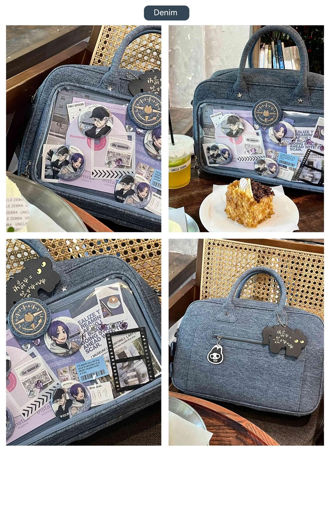 Denim blue Jirai Kei ita shoulder bag with anime sticker decorations, mixed flat lay and lifestyle views at indoor cafe table with casual styling