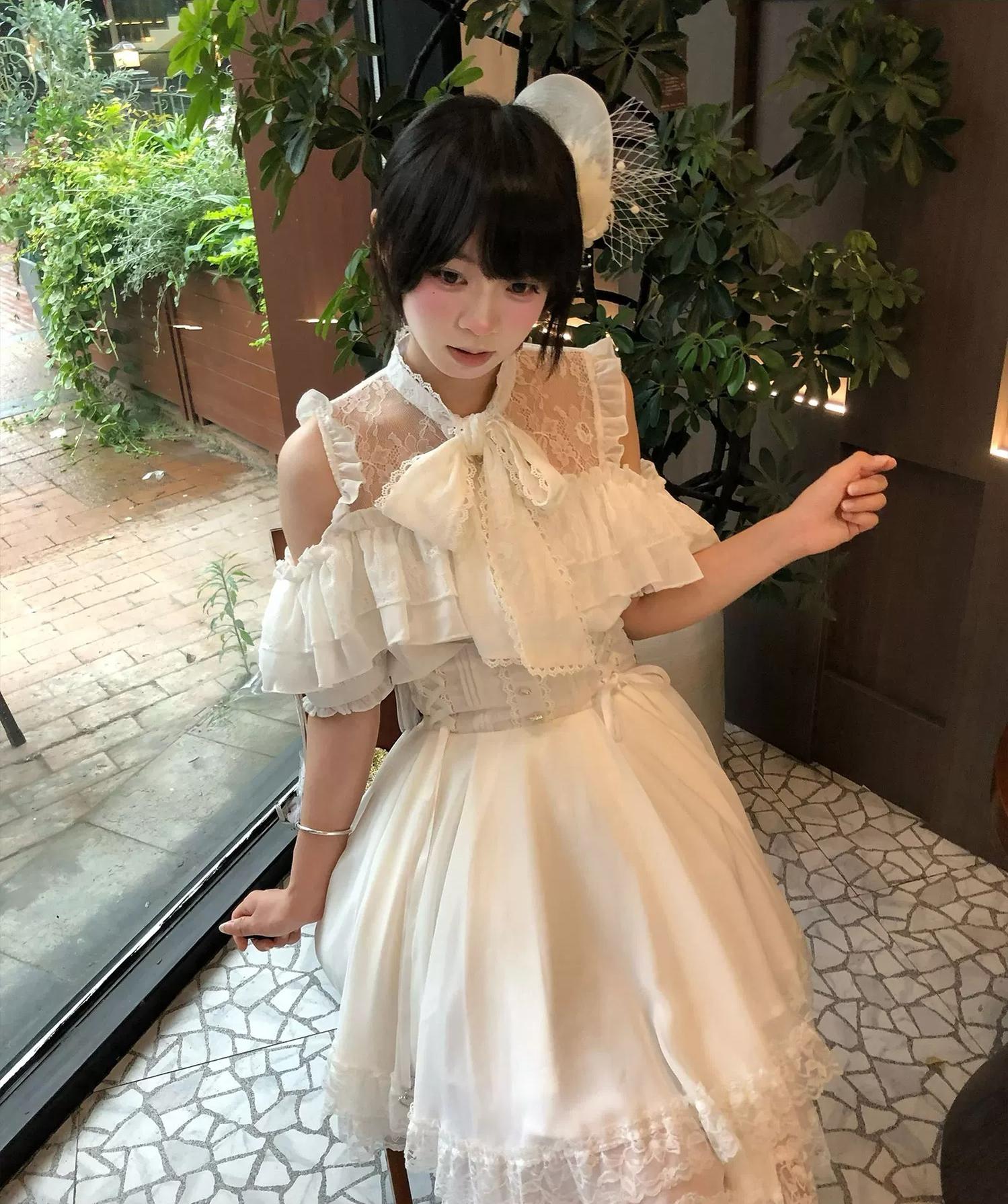 Beige off-shoulder ruffle lace Jirai Kei outfit side front view showing waist tie and midi skirt length