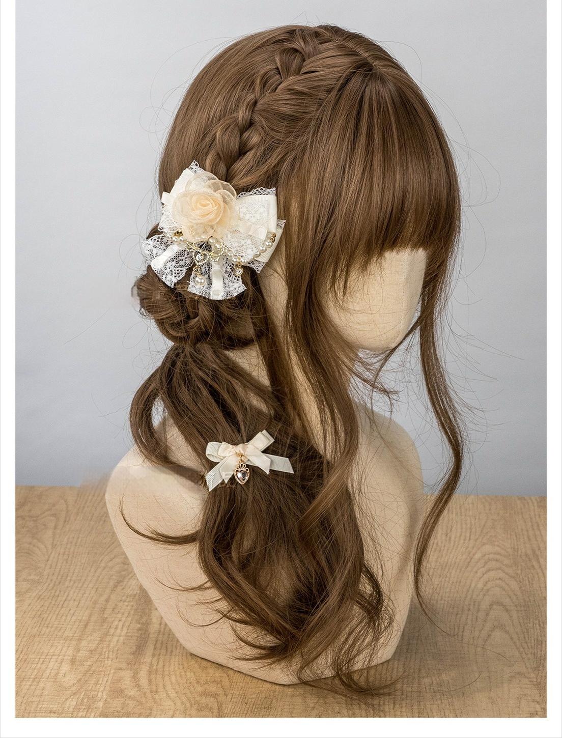 Beige apricot Jirai Kei rose hair clip with tulle rose white lace bow on mannequin front half view