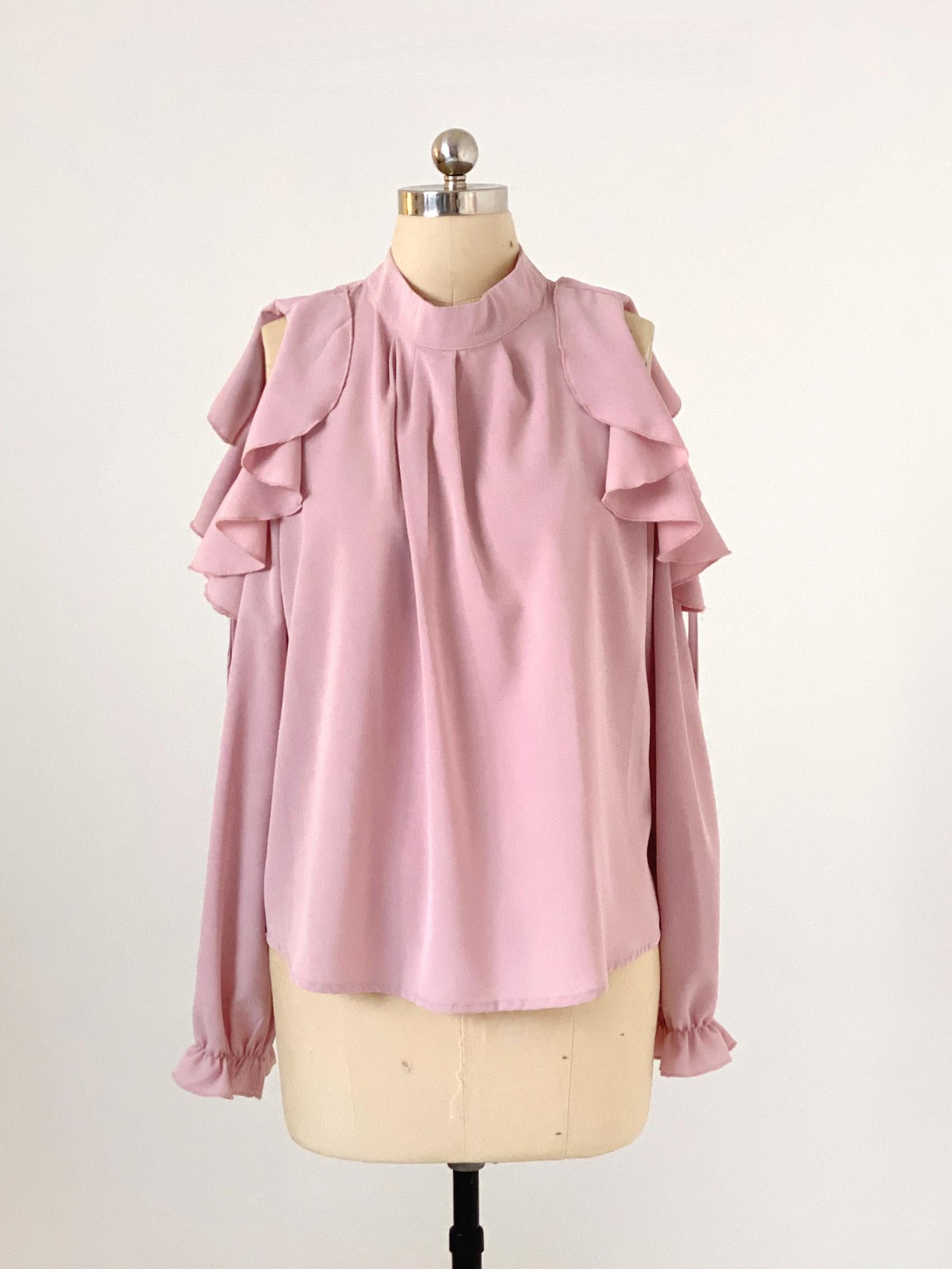 Pink elegant cold-shoulder ruffled chiffon blouse Jirai Kei aesthetic long ruffled sleeves solid color front