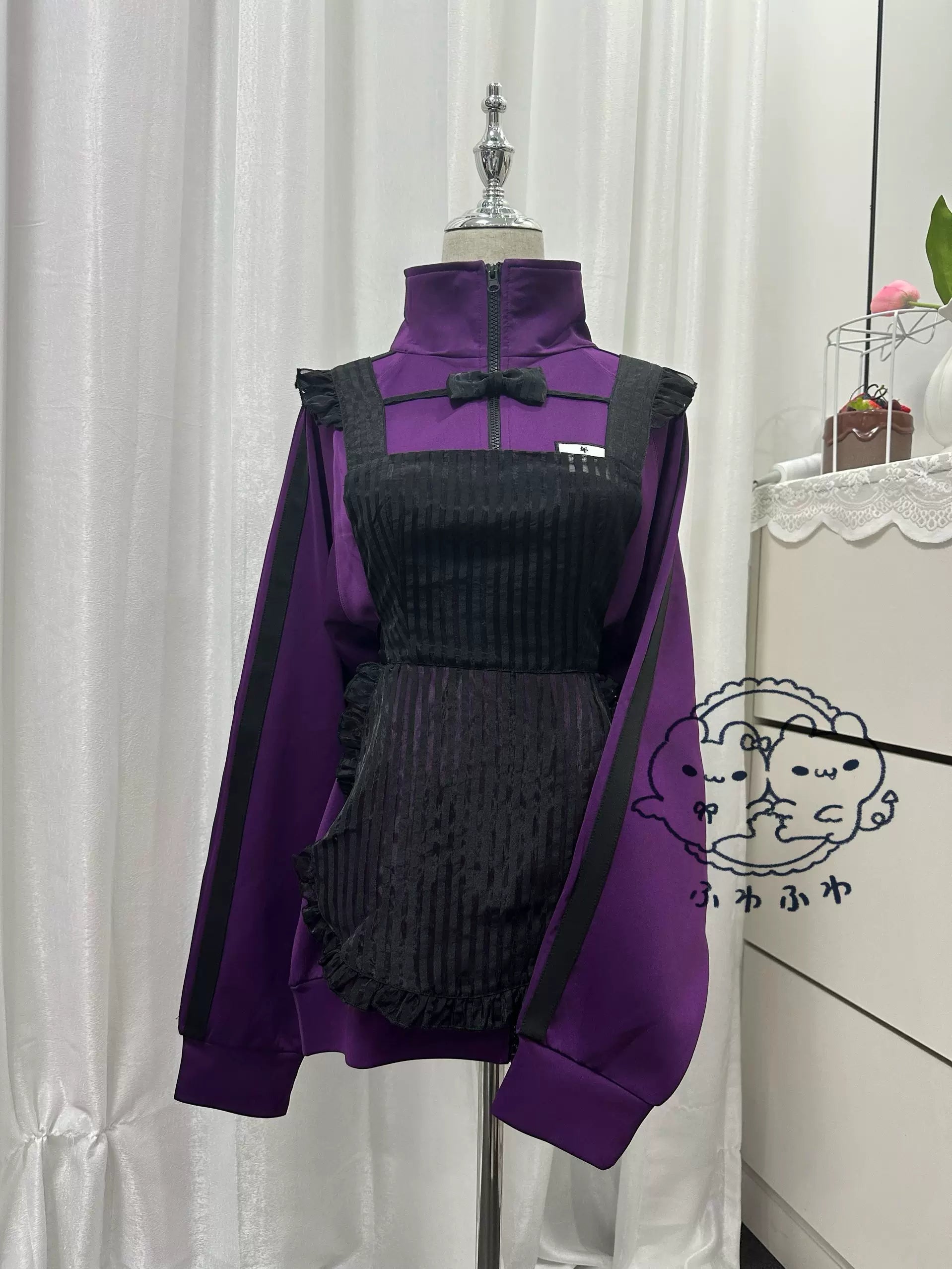 jirai kei maid apron outfit purple track jacket with bowknot ruffled mesh aesthetic