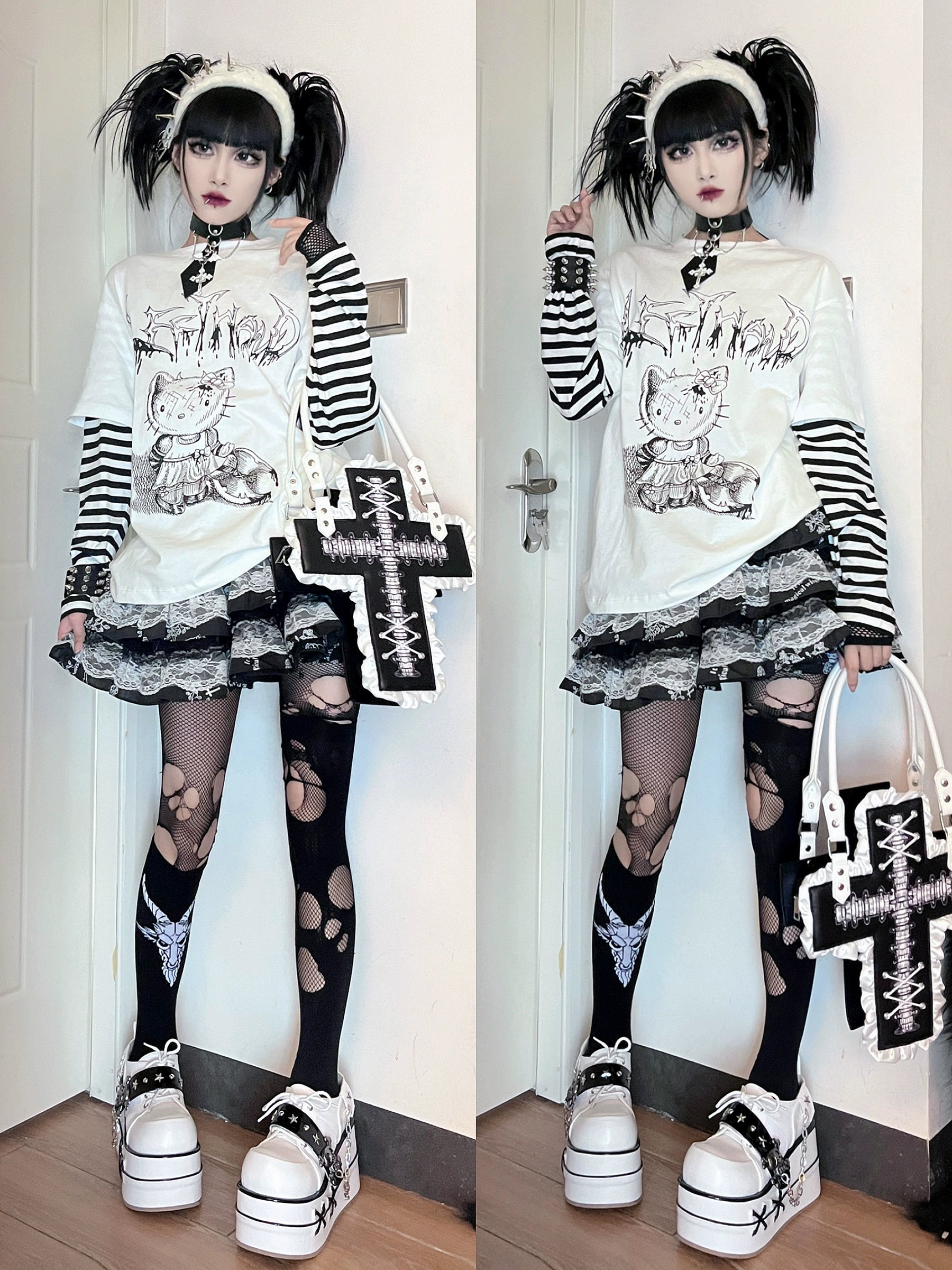 Dual mirror selfie split view of white-base jirai kei fake two-piece tee with black-white striped sleeves, worn with cross body bag and lace skirt alternative style
