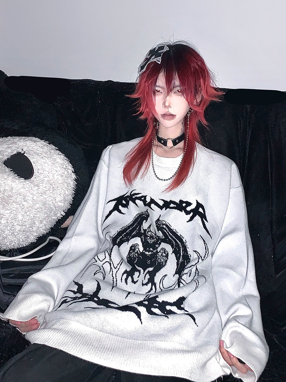 Jirai kei white bat embroidered sweater front torso view highlighting embroidery detail and fabric texture
