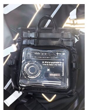 Black cyberpunk ita backpack front flat lay close-up view featuring cyber graphic display window with webbing buckle straps and reinforced handles on tech background