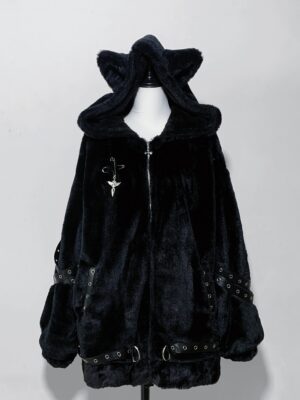Black Jirai Kei cat ear oversized plush coat with fuzzy texture cross zipper charm and sleeve buckle straps front mannequin display