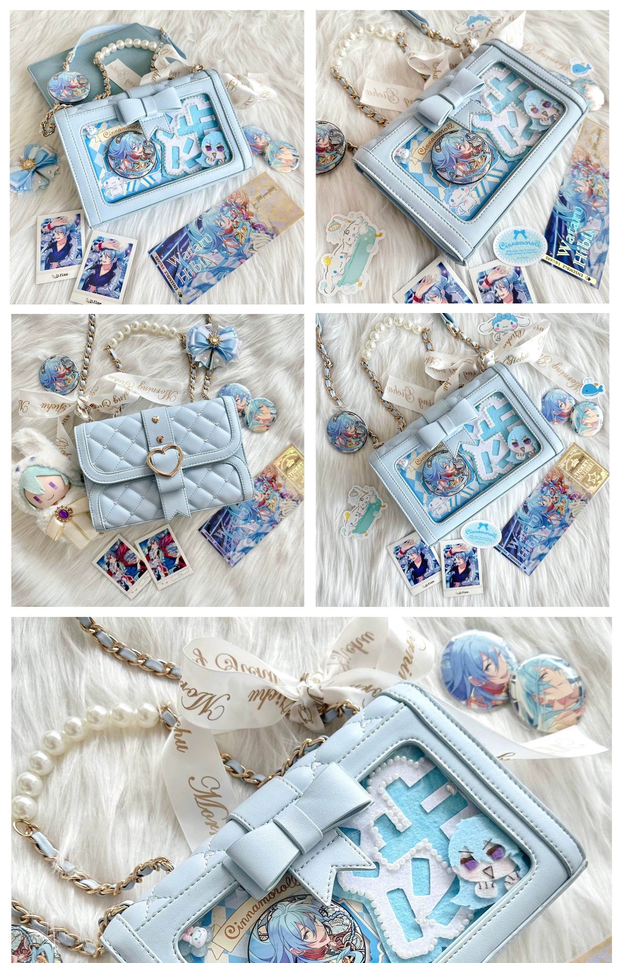 Multiple sizes of pastel colored jirai kei quilted ita bags with anime pin decorations and bow details on white background