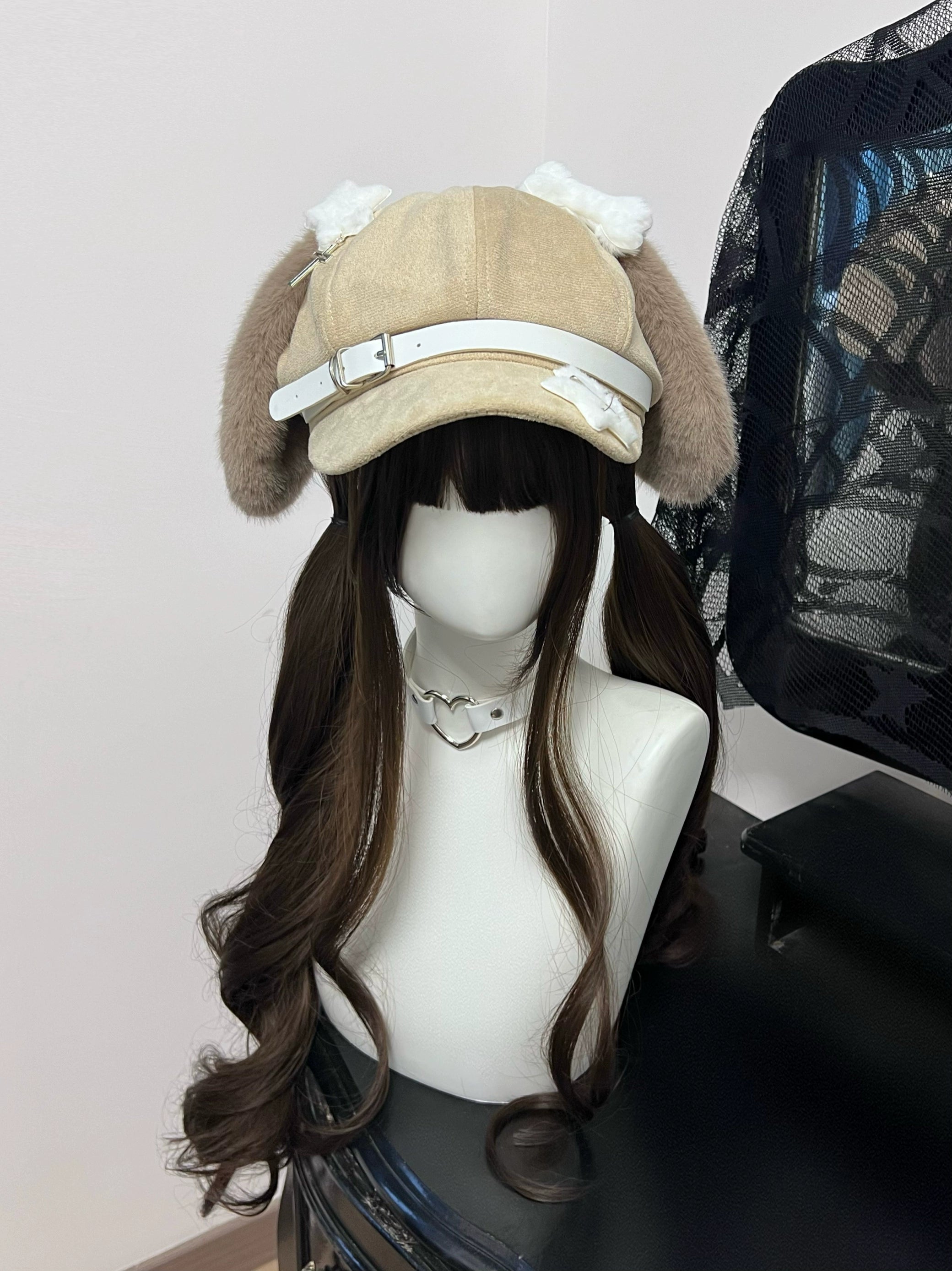 Brown puppy ear hat with leather buckle Jirai Kei kawaii style on dark wig mannequin heart choker styling
