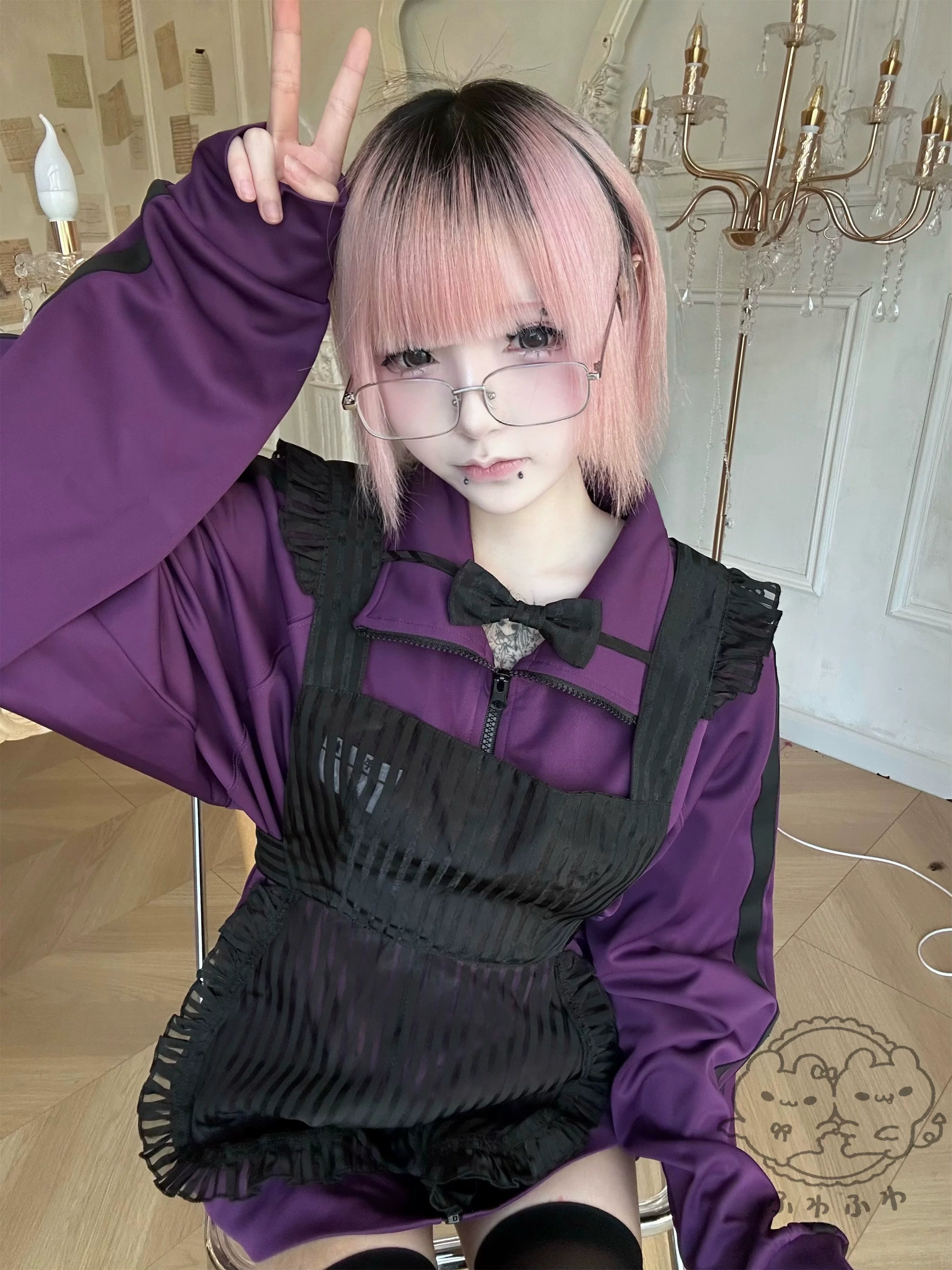 jirai kei maid apron set purple jacket ruffled mesh bowknot worn by model vintage decor