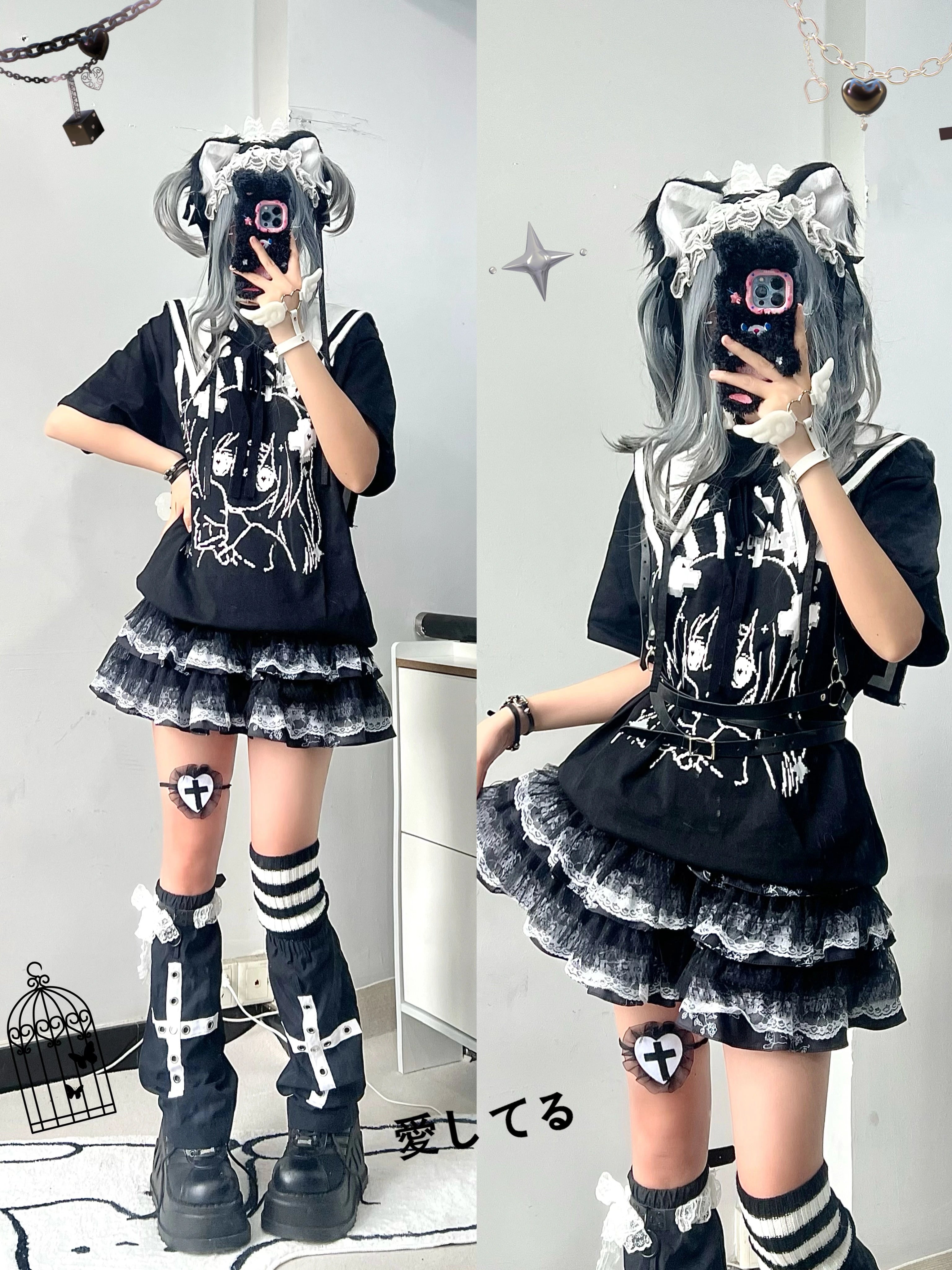 Full body mirror selfie of girl wearing black layered lace puff skirt printed black top cat ear twin bun headdress combat platform boots