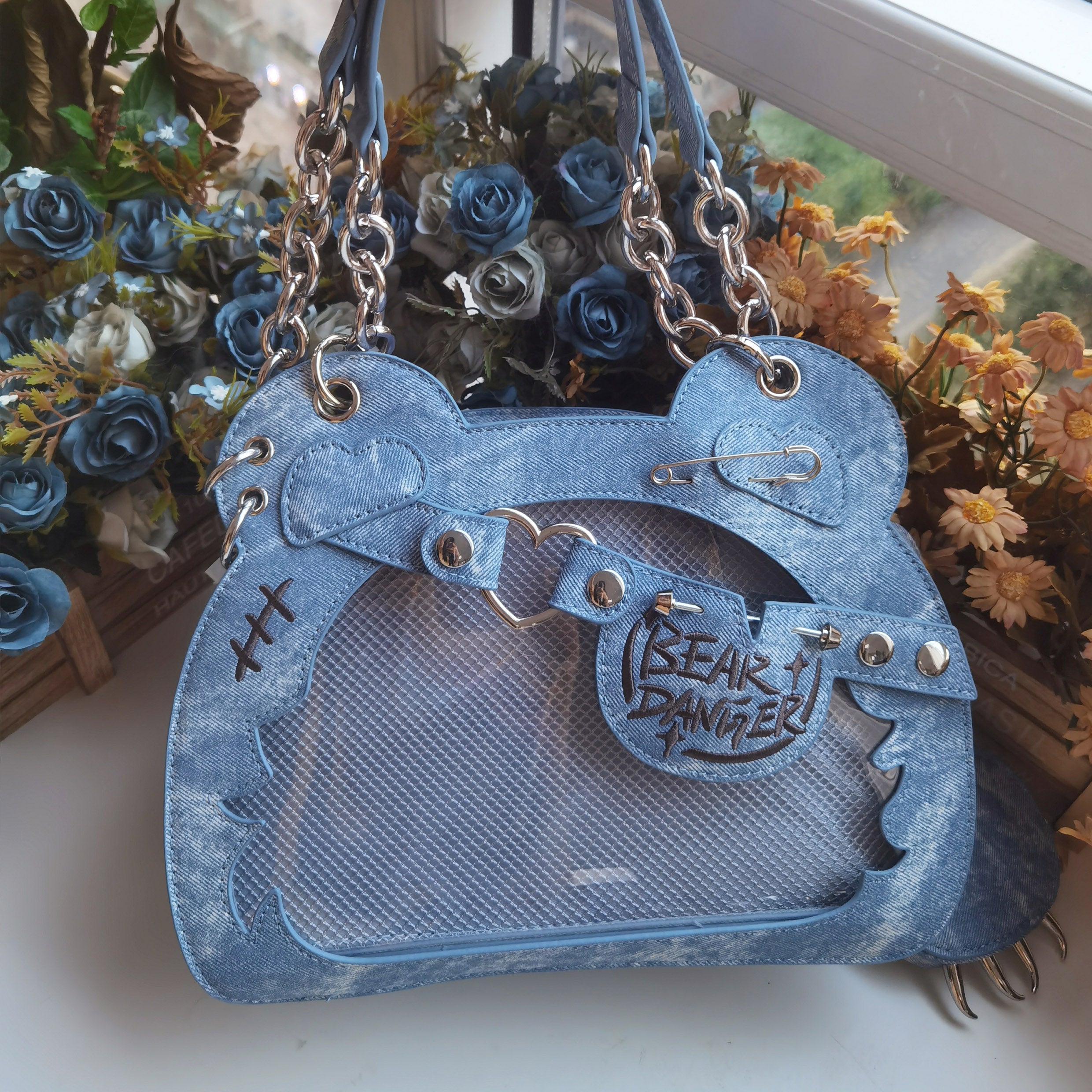 Denim blue bear-shaped ita bag with jirai kei aesthetic, punk metal details, and matching bear paw coin purse accessory