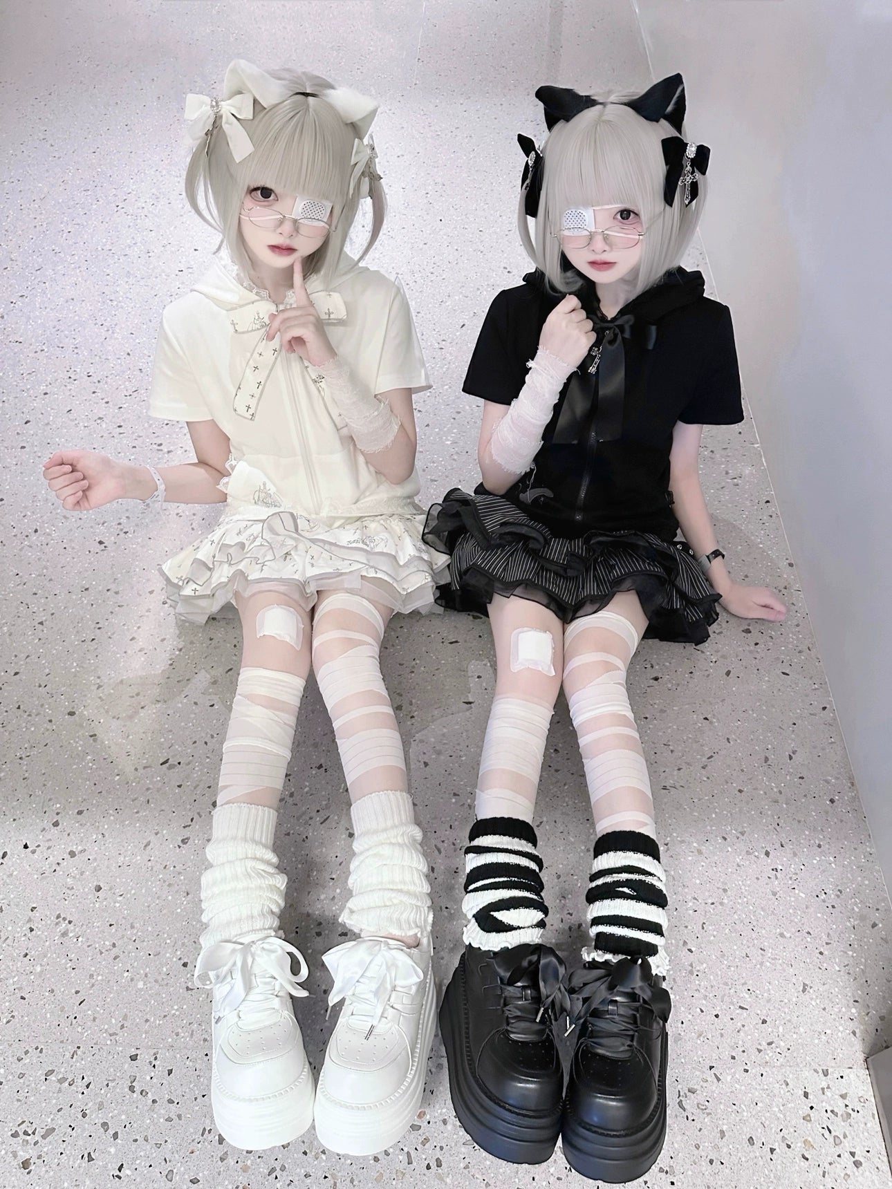 Jirai Kei platform sneakers round-toe overhead view twin models white black frilly skirts thick platform soles
