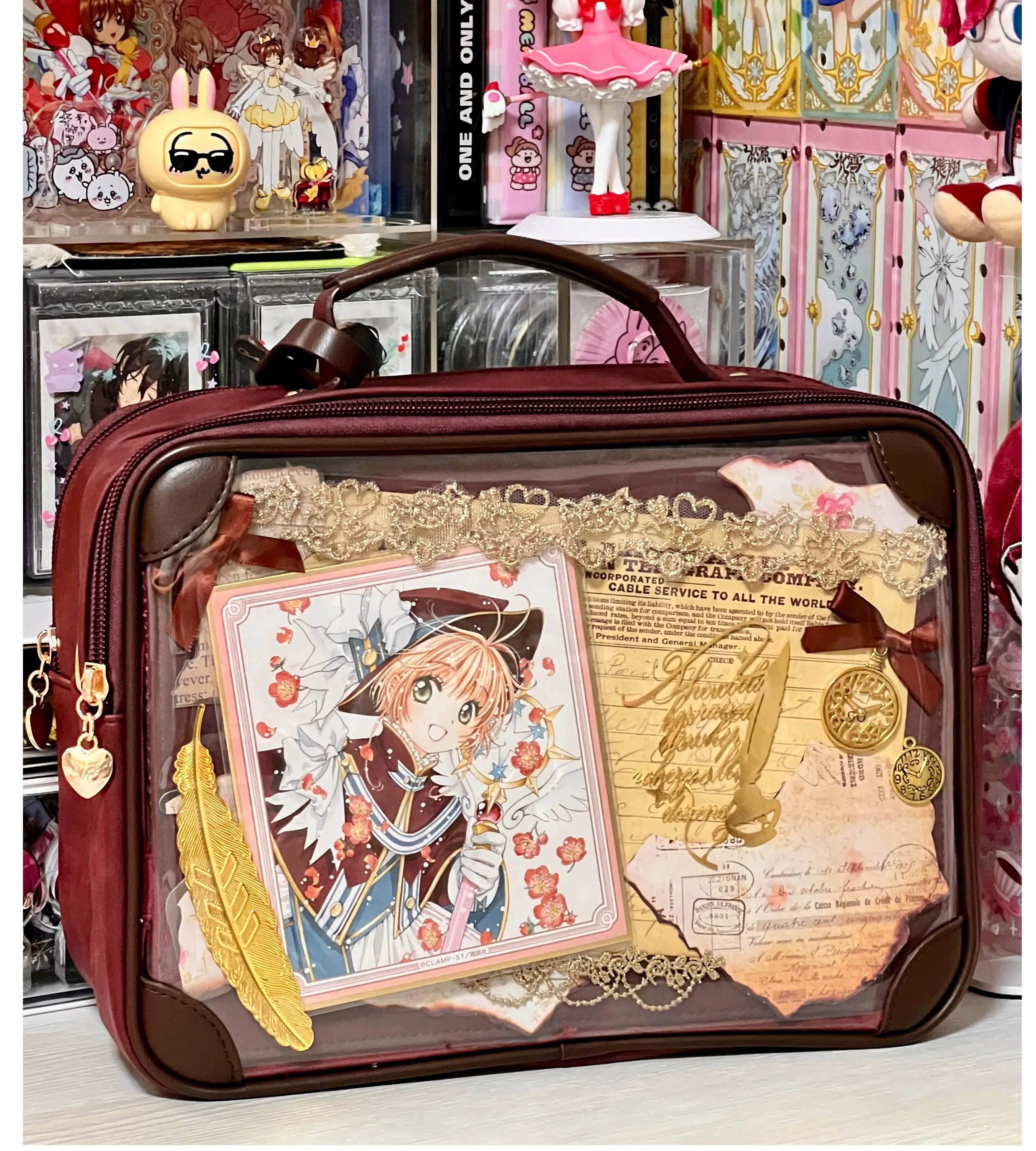 Blue jirai kei vintage square itabag color variant full product view transparent anime character display blue leather trim vintage aesthetic