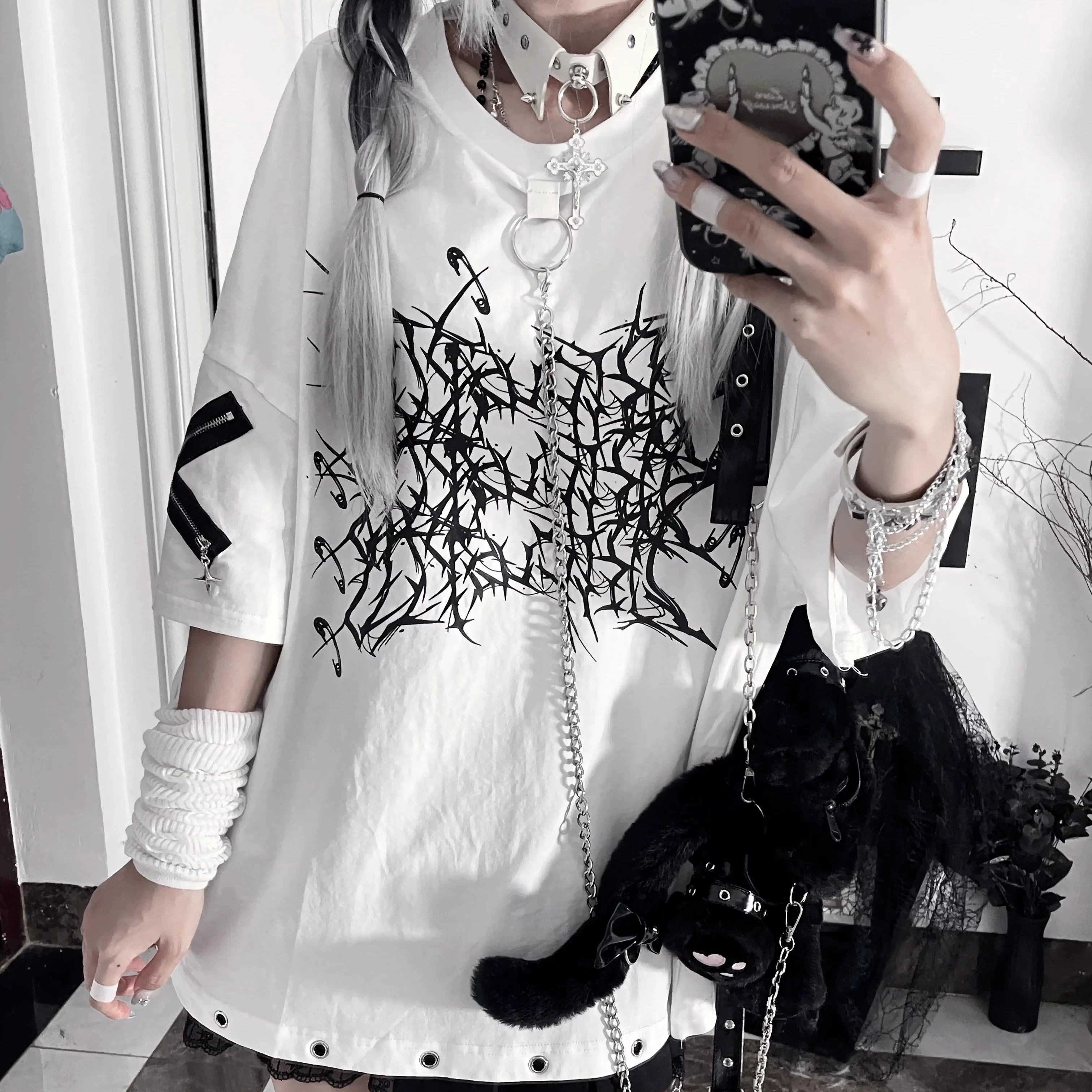 Jirai Kei t-shirt with chain accessory attached at collar showing statement styling and street goth aesthetic detail