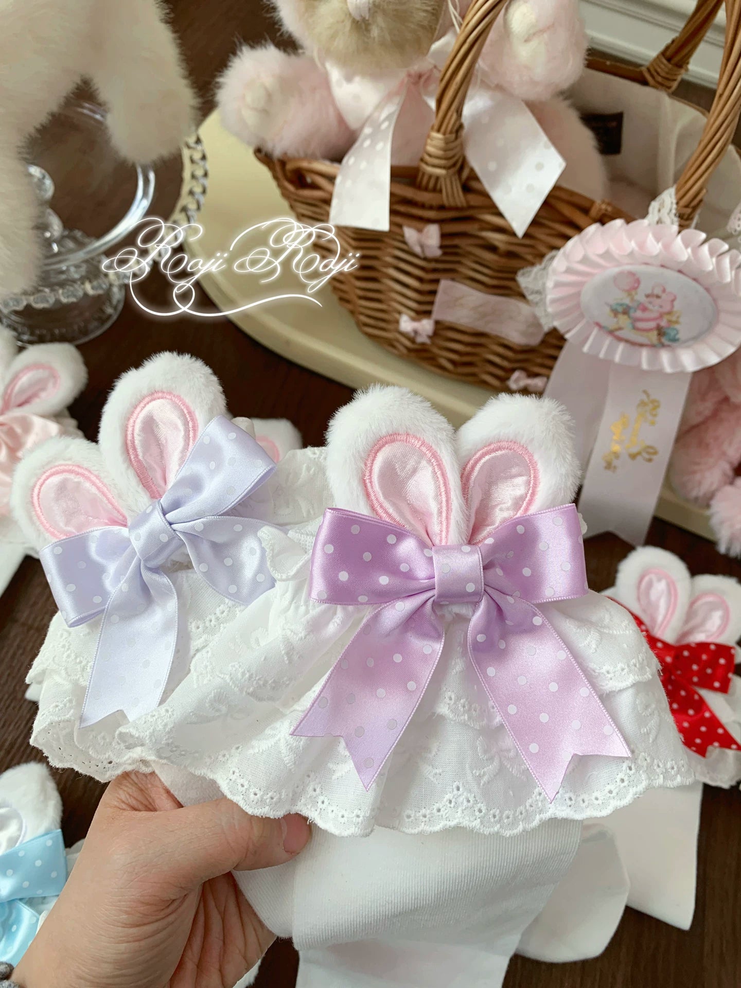 Jirai Kei white base socks with plum pink polka dot bunny ear trims and lace trim detail for Lolita coordinate styling