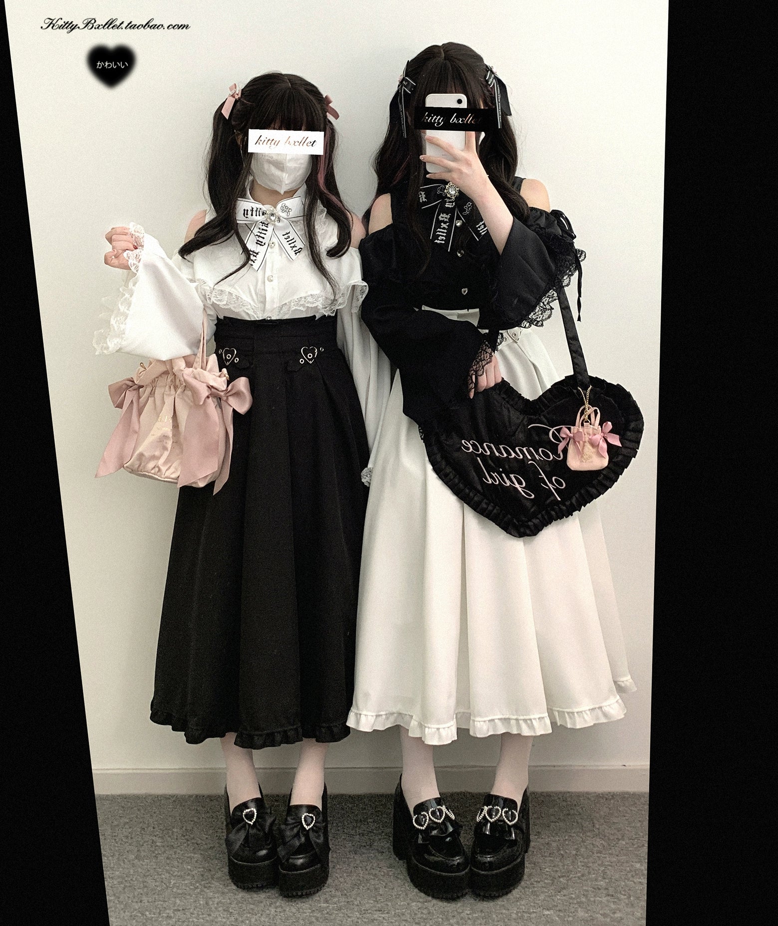 Dual-tone Jirai Kei Lolita outfit coordination with heart-shaped buckle skirts paired with tote bags and satin handbags in pink and black colorways