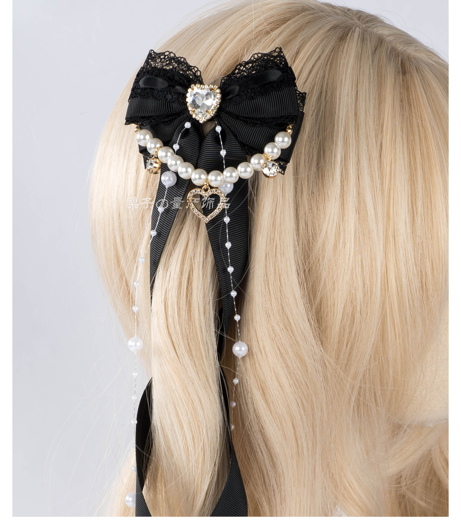 Jirai Kei bow hair clip product main view showing ribbon knit fabric construction heart rhinestone accent and pearl chain embellishment