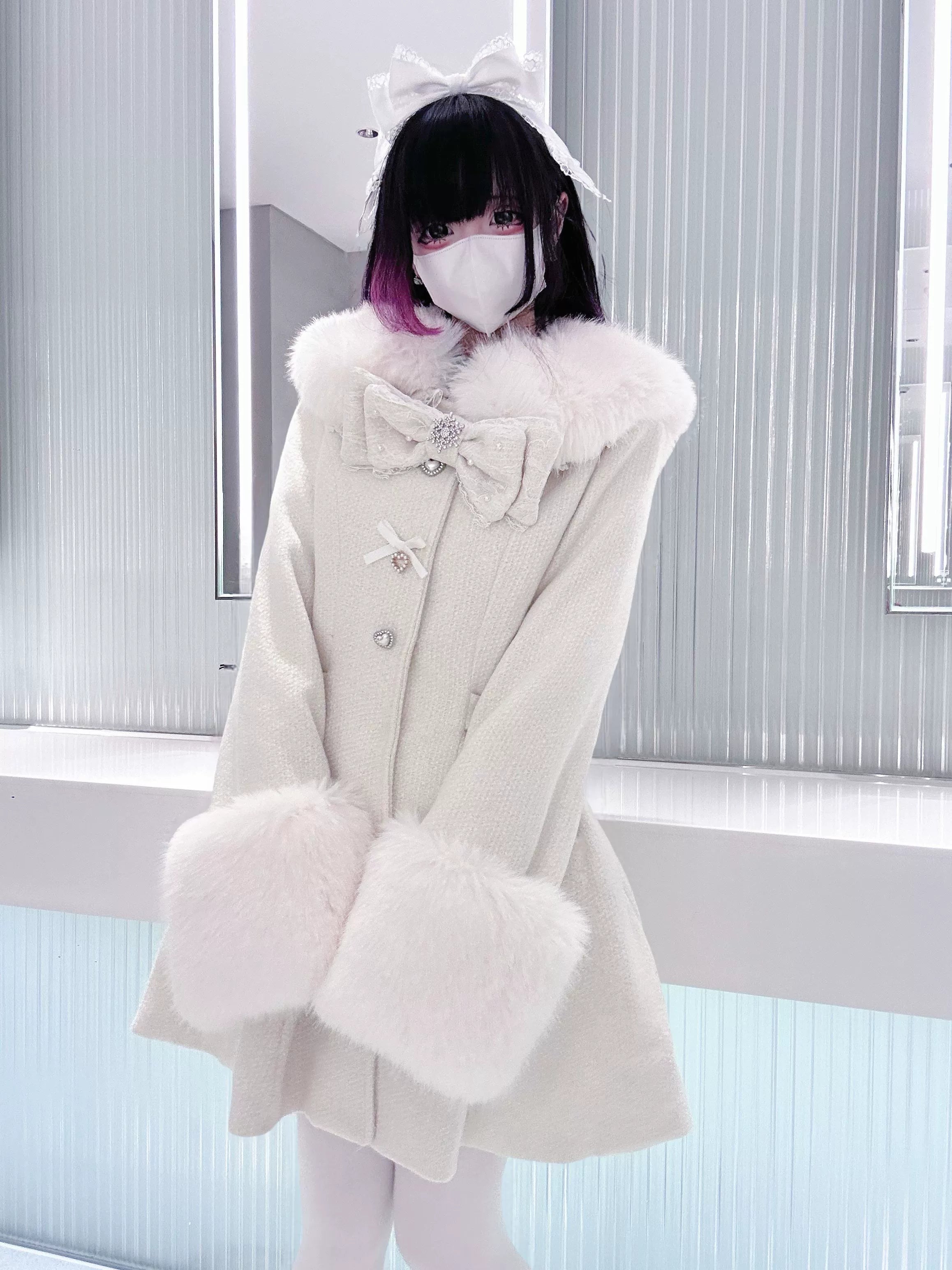 Ryousangata tweed winter coat detailed view of heart-shaped button closures pearl-like embellishments snowflake accents Jirai Kei hardware