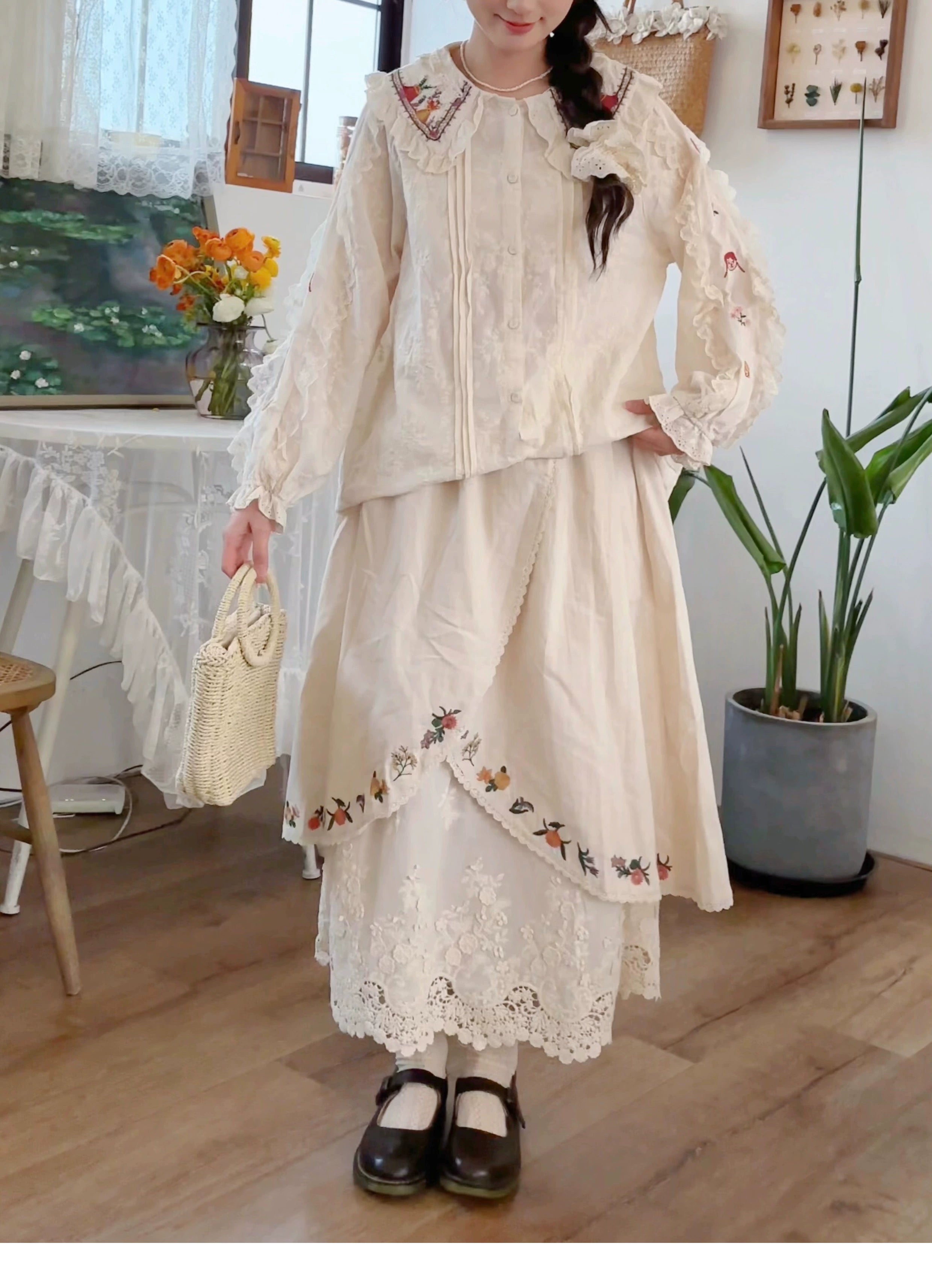Mori kei cottage core fashion embroidered skirt styled for outdoor nature inspired occasions