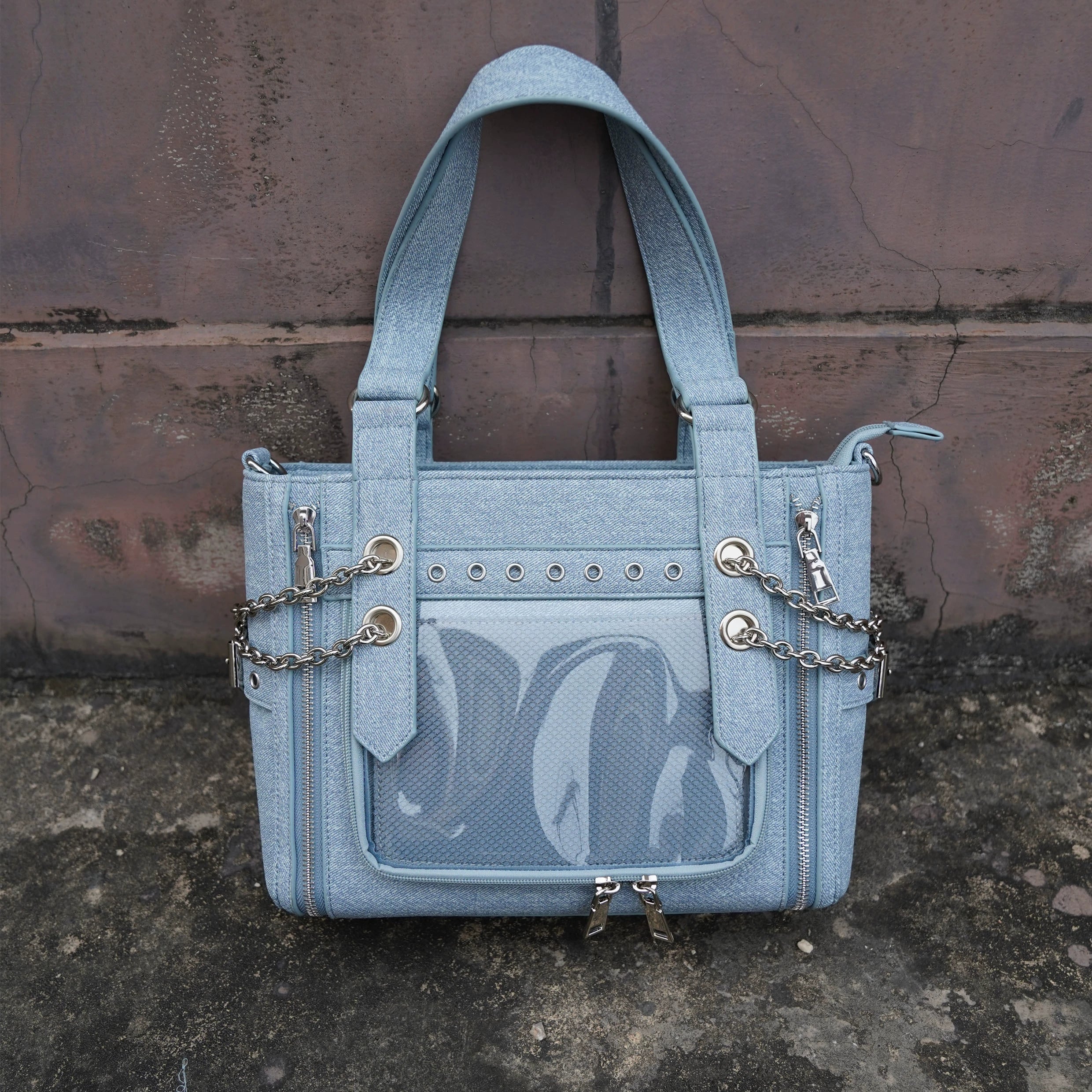 Light denim Jirai Kei ita bag with chain straps multiple wear options crossbody shoulder handbag versatility