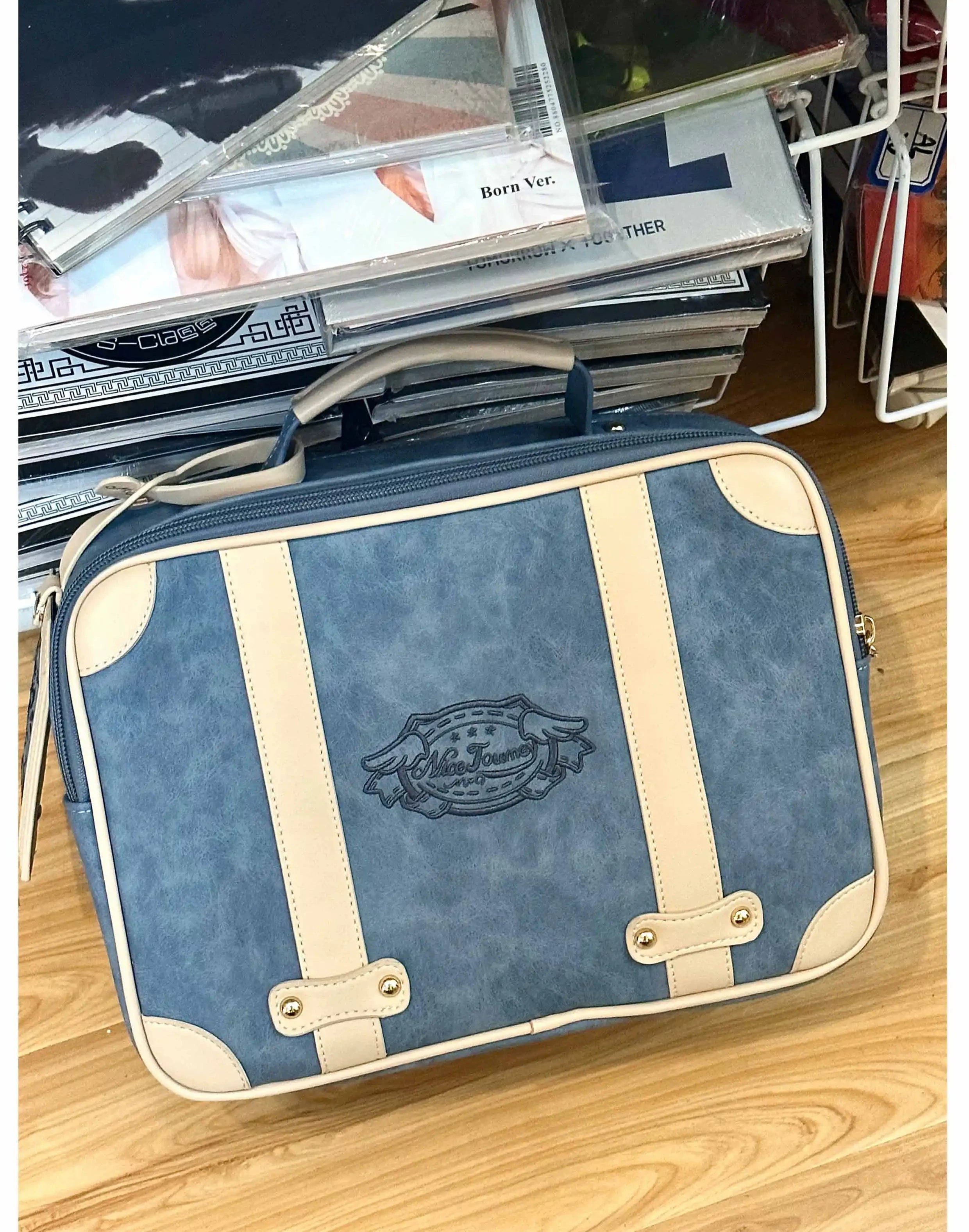 Cream grey jirai kei vintage square itabag soft neutral color variant full view transparent character display cream leather trim